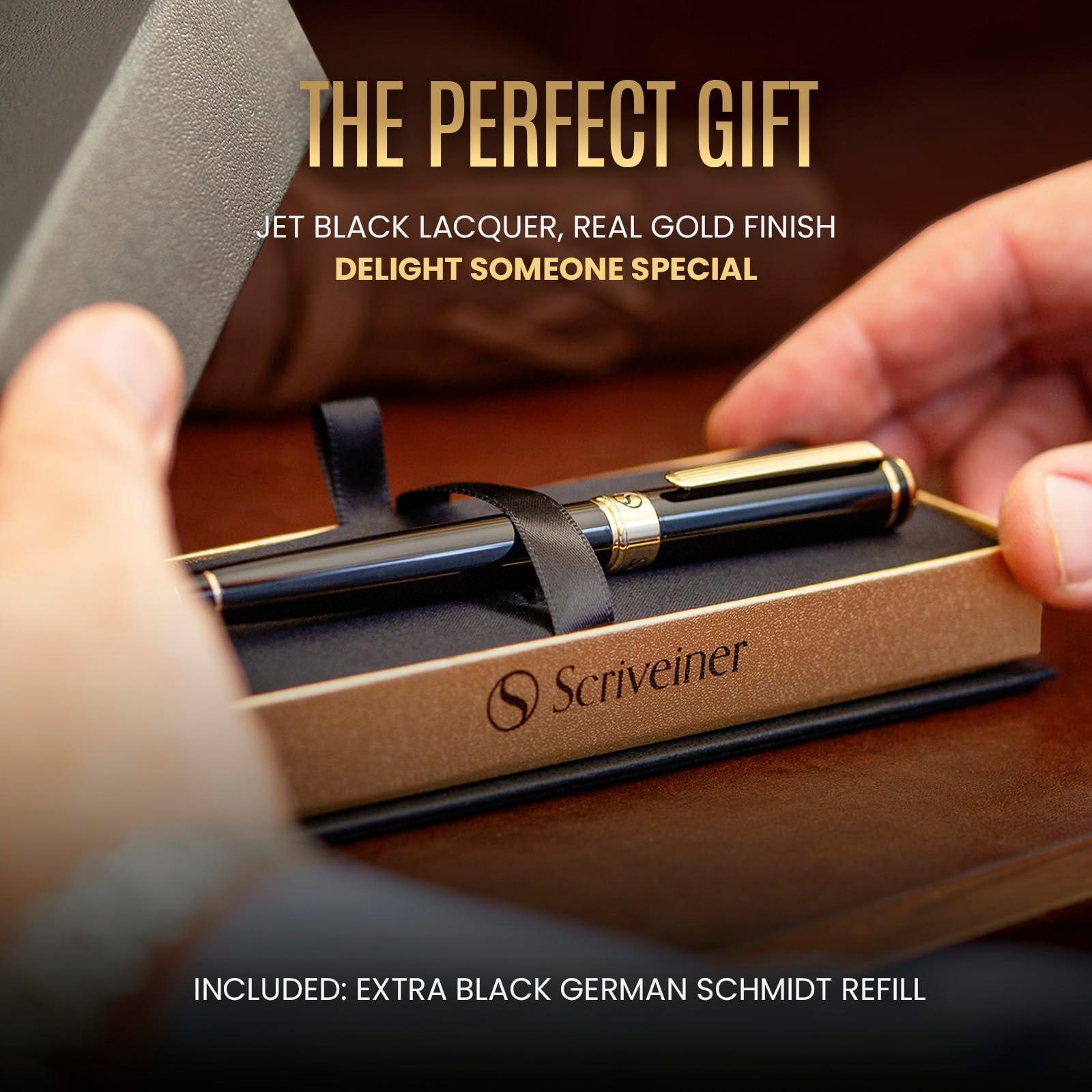 Scriveiner Black Lacquer Rollerball Pen - Stunning Luxury Pen, Real Gold Plating, Schmidt Ink Refill, Best Roller Ball Gift Set for Men & Women, Professional, Executive Office, Nice Pens - Image 3