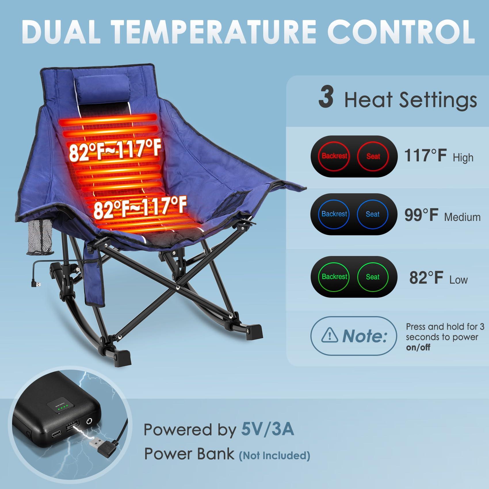 Suteck Heated Rocking Camping Chair, XL Oversized Rocking Chair Outdoor with 3 Heat Levels for Back and Seat, Heated Chairs Outdoor Sports for Patio Lawn Picnic Travel, Power Bank（Not Included） - Image 5