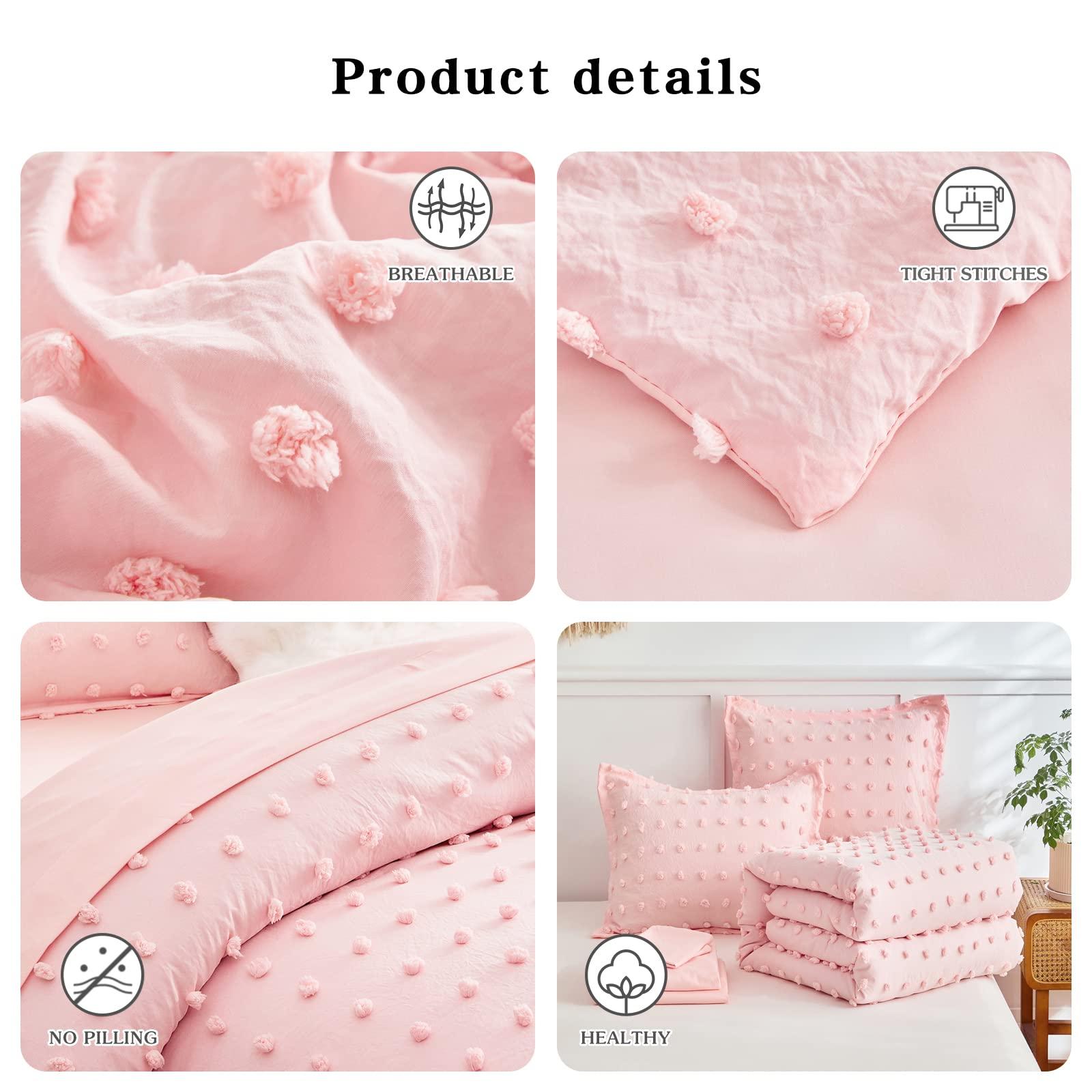 6 Pieces Tufted Dots Bed in a Bag Twin Comforter Set Girls Pink , Soft and Embroidery Shabby Chic Boho Bohemian Comforters, Luxury Solid Color with Pom Pom Design, Jacquard Tufts Bedding Set for Kids - Image 5