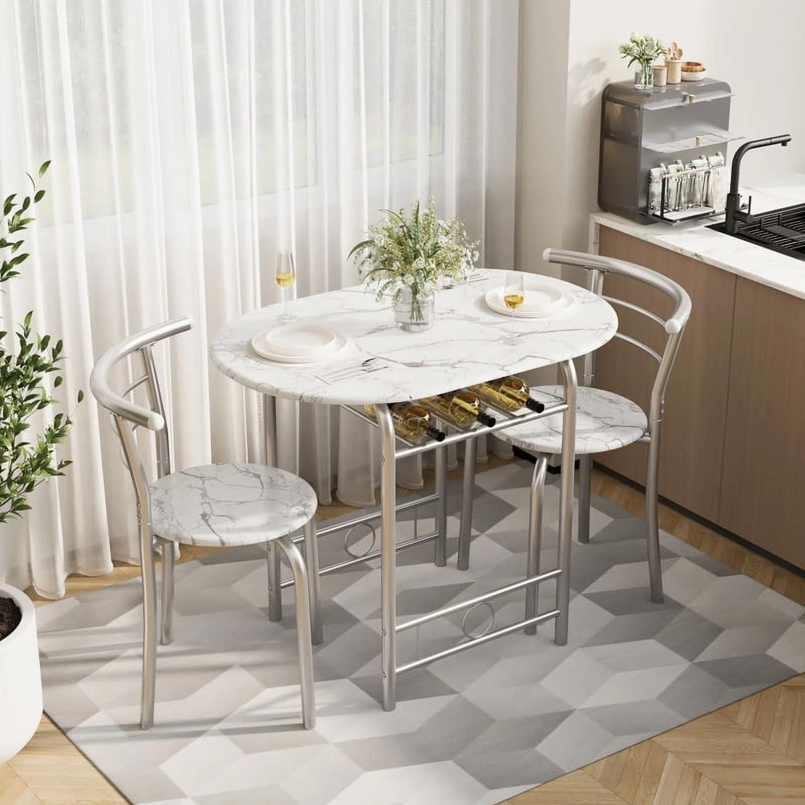 Shahoo 3-Piece Wooden Dining Table Set, Kitchen Breakfast Nook Sets with 2 Chairs & Round Tabletop, Space Saving Furniture Metal Frame and Built-in Wine Rack, Marble White