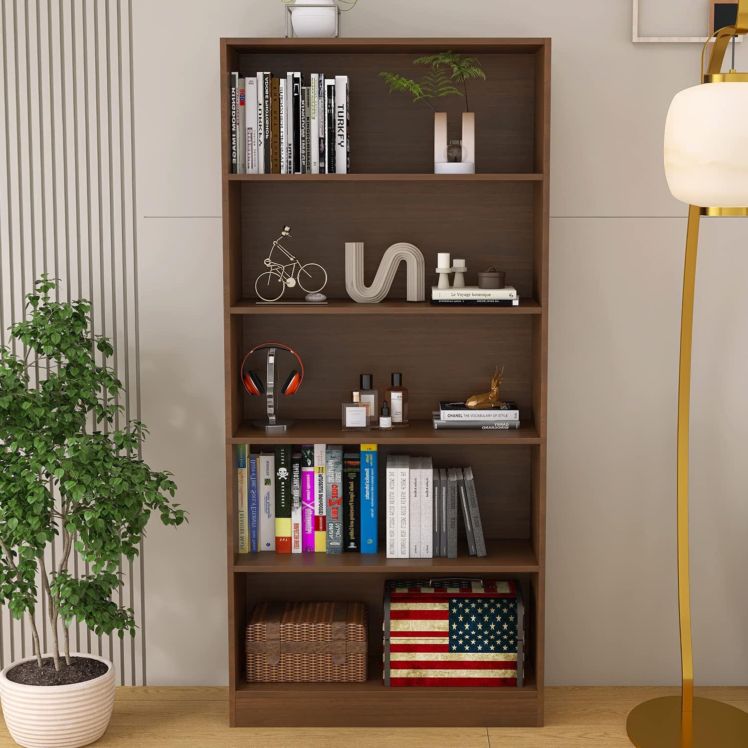 LZ-DONGMAN 5 Shelf Wood Bookcase Freestanding Bookshelf for Home Office Library Small Narrow Space(11.8" D x 31.5" W x 67.9" H,Brown,5-Layers) - Image 3