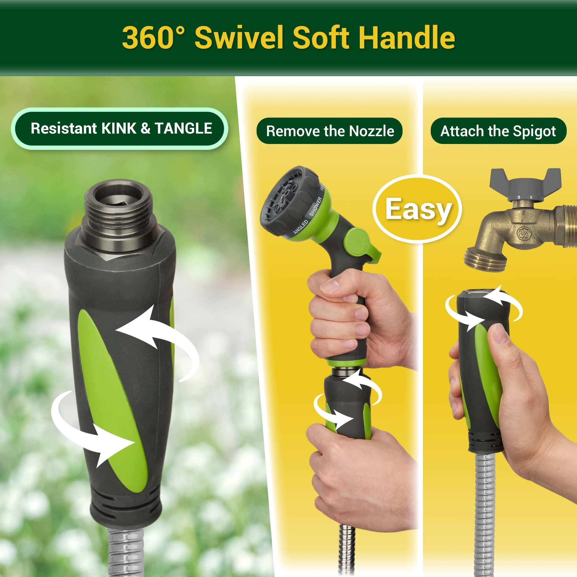 360 GADGET Garden Hose - Water Hose 50 FT with Swivel Handle & 8 Function Nozzle, Flexible, Heavy Duty, No Kink, Lightweight Metal Hose for Outdoor, Yard, 304 Stainless Steel - Image 5