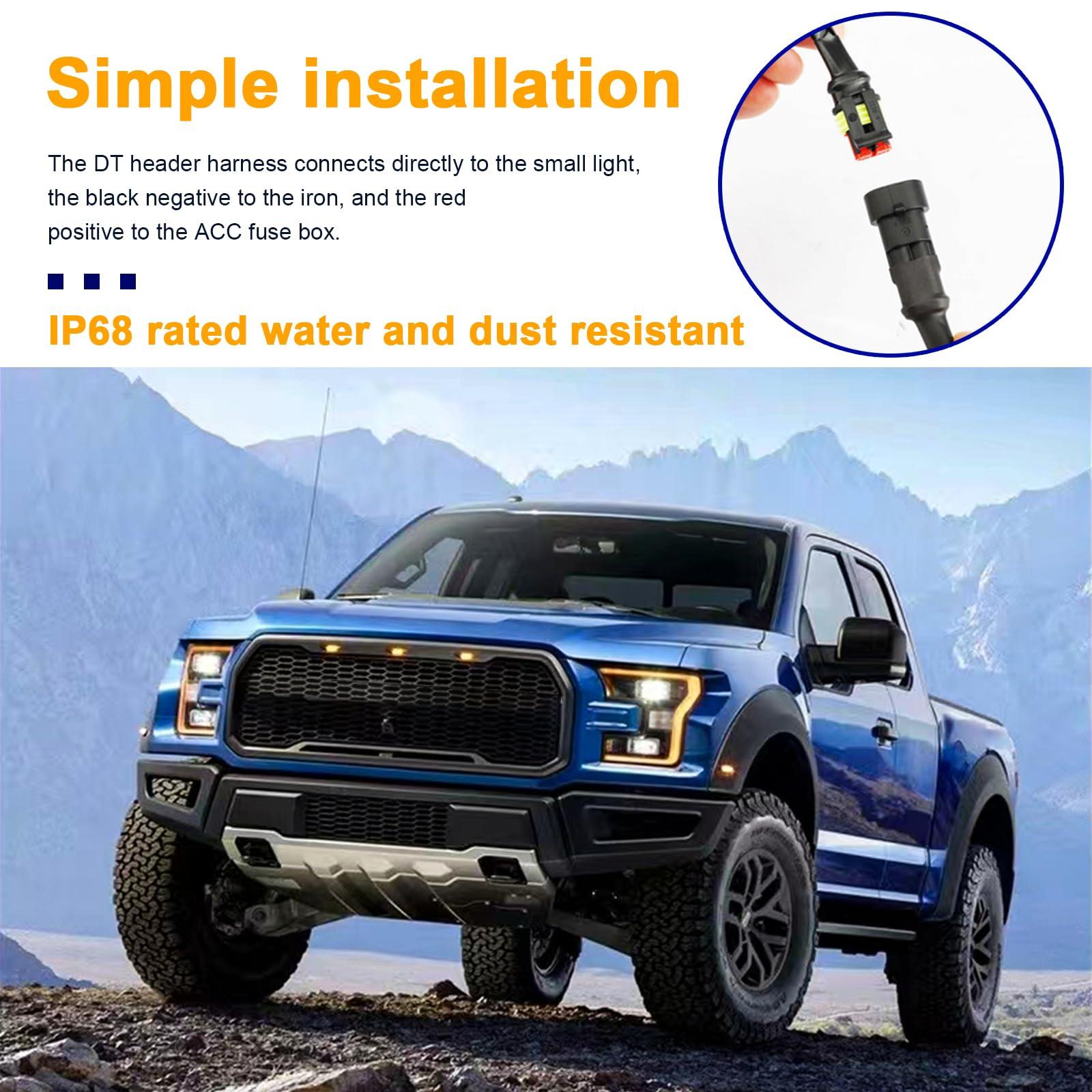 Dickno 6PCS Car Grille Lights, Bright Amber LED Grill Lights with Wiring Harness, Waterproof Front Grill Trim Lamps, Vehicle Exterior Grille Lamps Compatible with F150 F250 F350 (Yellow+Yellow) - Image 5