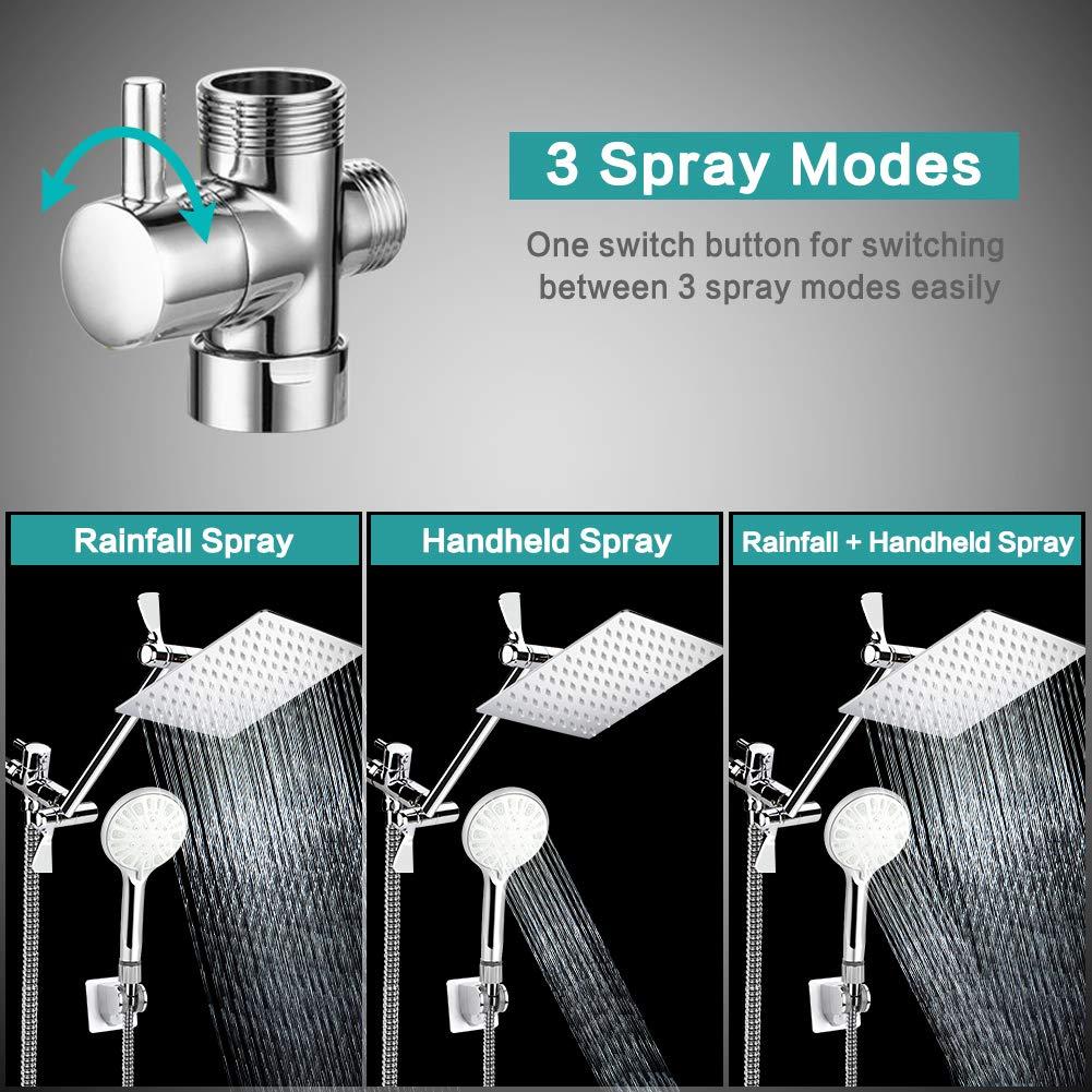 Shower Head, 8 Inch High Pressure Rainfall Shower Head/Handheld Shower Combo with 11 Inch Extension Arm, 9 Settings Adjustable Anti-leak Shower Head with Holder/Hose, Height/Angle Adjustable - Image 4