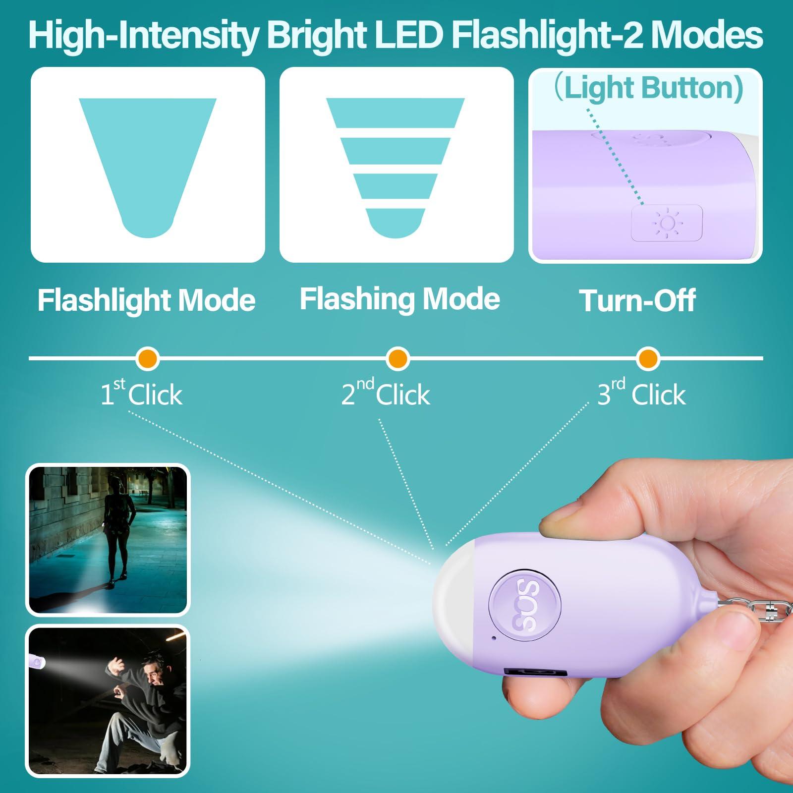 Hion Personal Safety Alarms for Women, Rechargeable 130dB Self Defense Alarm Keychain with LED Flashlight, Emergency Safe Sound Security Alarm for Children Elderly College Girls Men(Purple) - Image 4