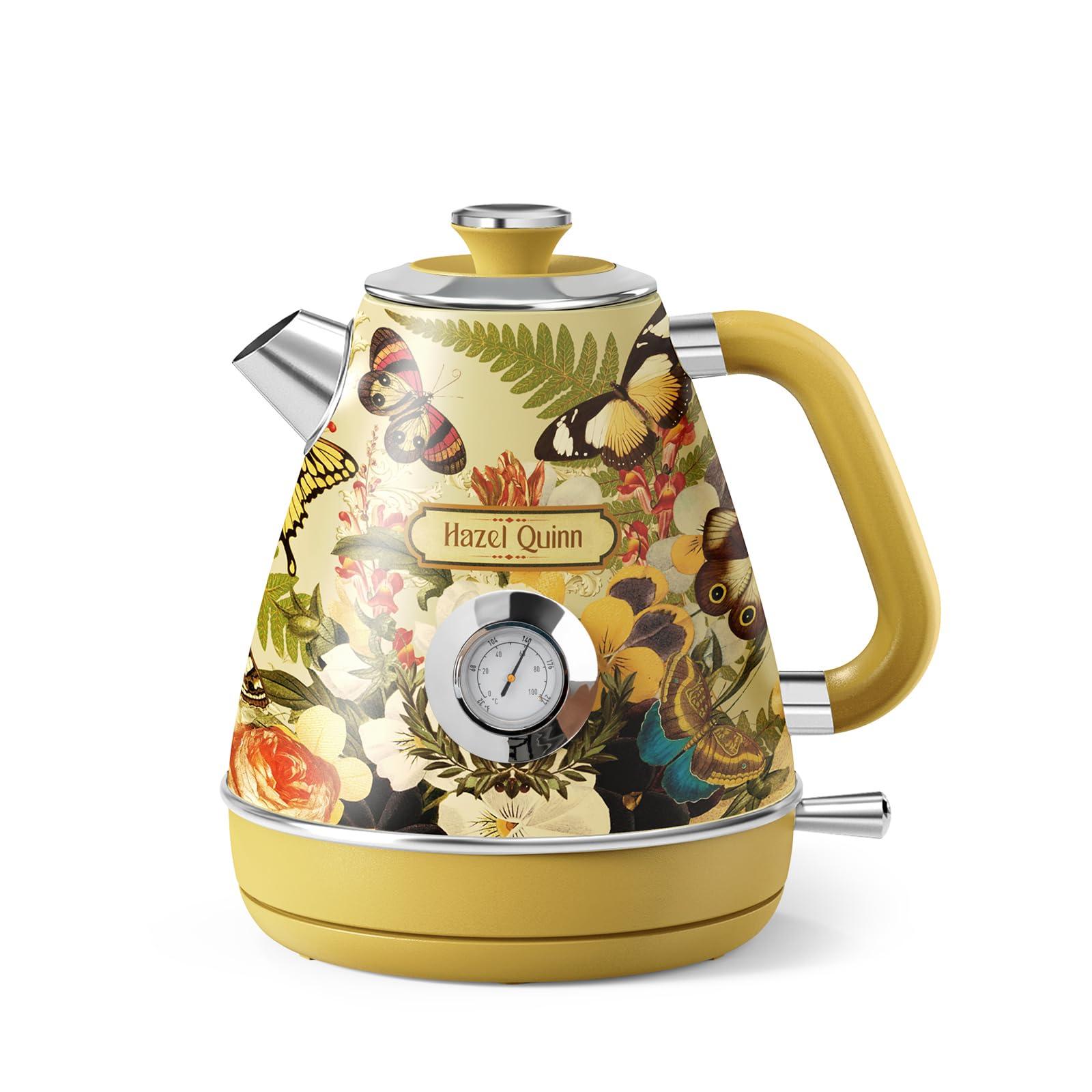 Hazel Quinn Retro Electric Kettle - 1.7L, 1200W Fast Boiling, All Stainless Steel Interior, Cordless, BPA-Free, Auto Shut-Off, Thermometer for Tea & Coffee - Floral Design by Artist Eduardo Recife