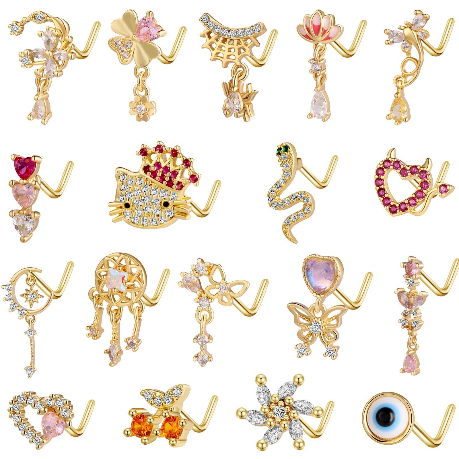 TAMHOO 18Pcs Nose Rings - L Shape, Butterfly & Heart Designs - Gold Nose Studs for Women