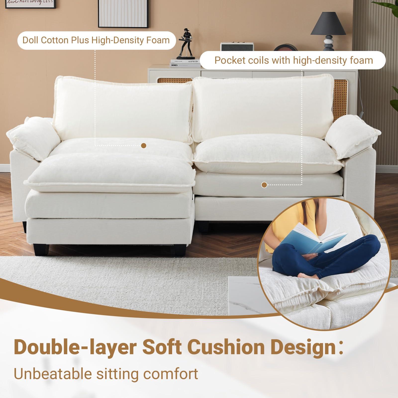 VINGLI 87" Convertible Sectional Sofa,L-Shaped Deep Seat Sofa Couch for Living Room,Modern 2-Seat Loveseat Sofa with Ottoman for Small Space(Creamy White, 87") - Image 4