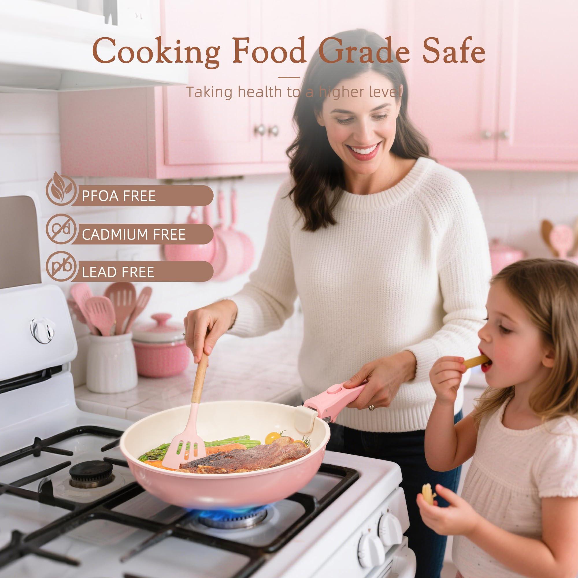 Astercook 21 Pcs Pots and Pans Set Non Stick, Ceramic Cookware Set Detachable Handle, RV Kitchen Cooking Set Removable Handles, Oven Safe, Induction Ready, Stackable Non-stick Set, Pink - Image 7
