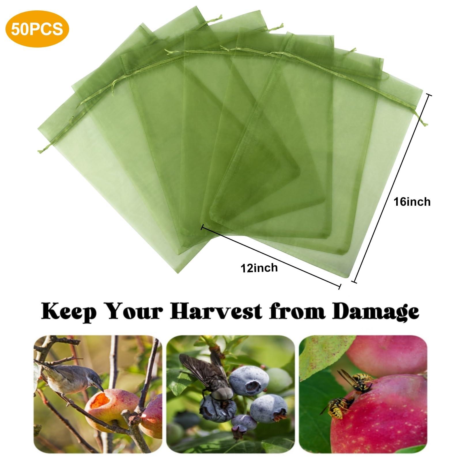 Unves 12x16 Inch Fruit Protection Bags, Garden Mesh Bags for Vegetables Garden Supplies Drawstring Mesh Fruit Netting Bags for Banana Grape Pepper 50 Pcs - Image 3