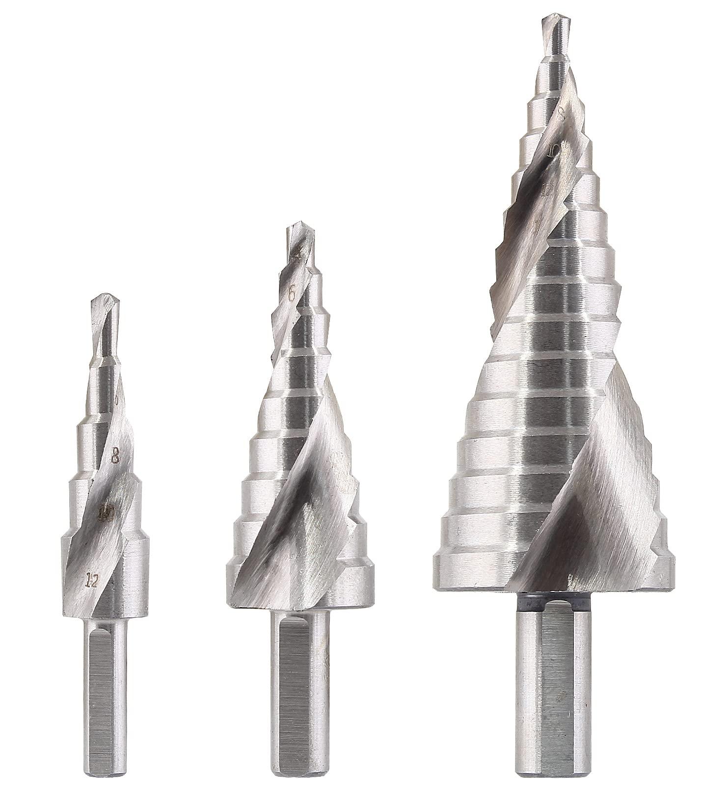 Aracombie 3pcs Metric Step Drill Bits for Metal, High Speed Steel Spiral Step Drill Bit, Unibit Step Drill Bit for Stainless Steel Aluminum Metal Wood (4mm-12mm, 4mm-20mm, 4mm-32mm) - Image 2