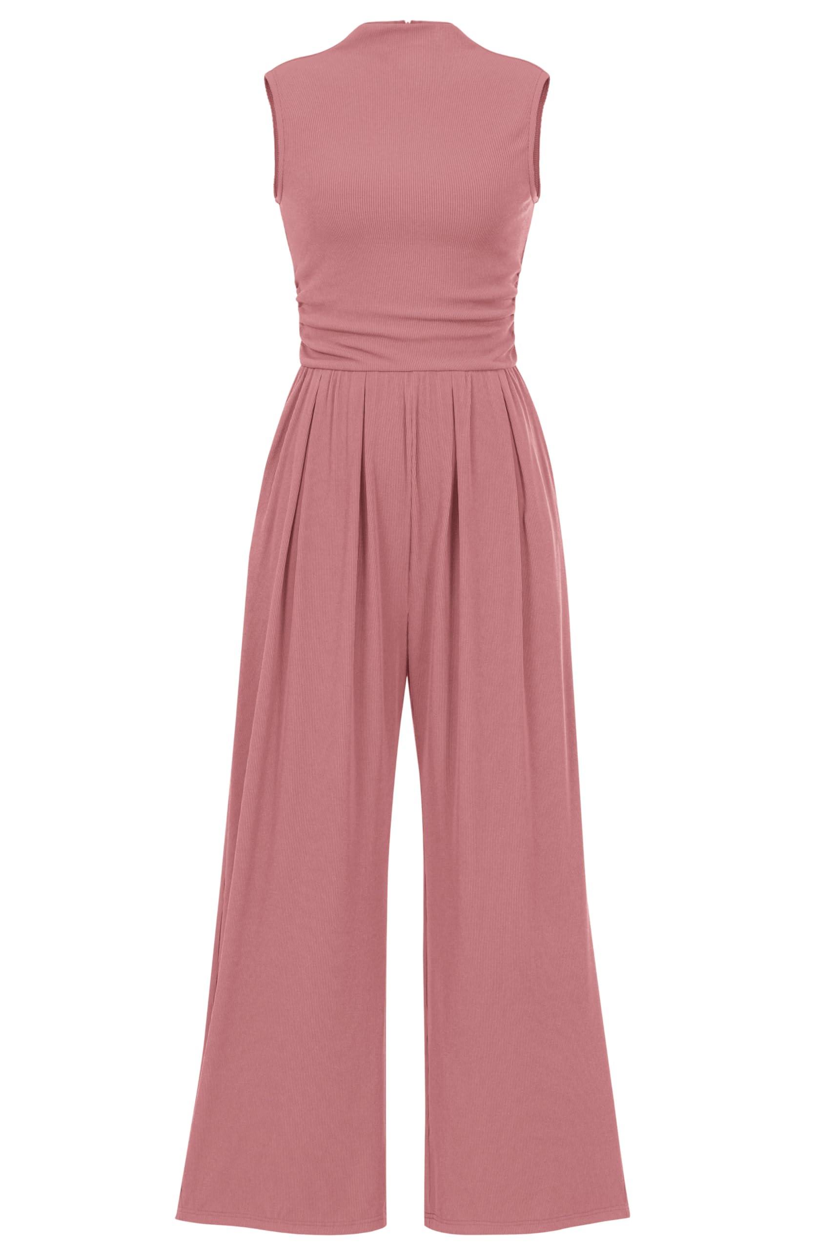 PRETTYGARDEN Womens Summer Jumpsuits Dressy Casual One Piece Outfits Sleeveless Mock Neck Wide Leg Pants Rompers with Pockets