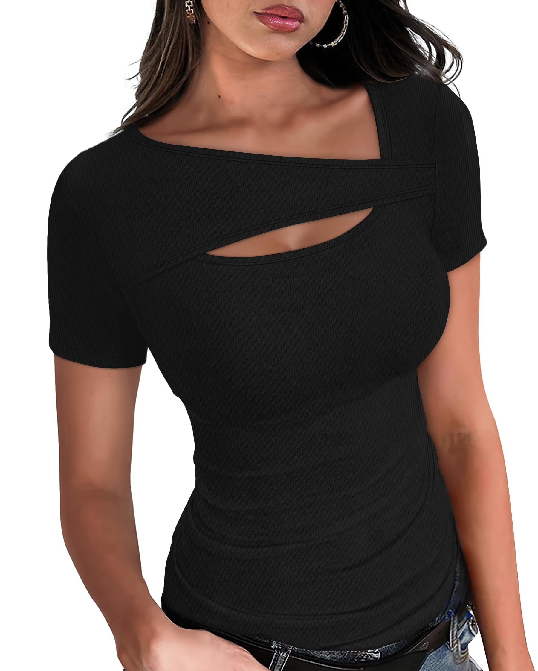 XIEERDUO Womens Summer Tops Short Sleeve Shirts for Women Sexy Tops Y2K Shirts One Piece Cutout Tops - Image 2