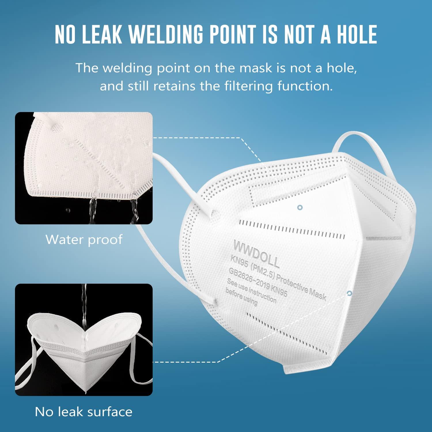 WWDOLL KN95 Face Mask 50 Pack, KN95 Masks 5-Layer Breathable Mask with Elastic Earloop and Nose Bridge Clip, Disposable Respirator Protection Against PM2.5 White - Image 5