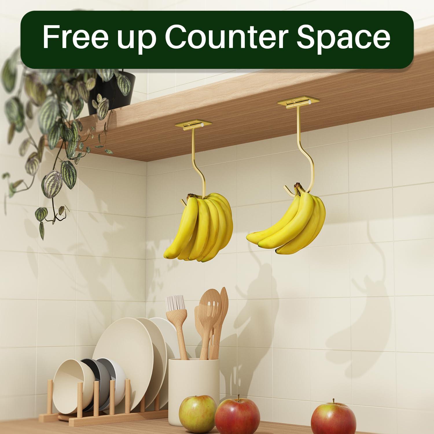 2-Pack Self Adhesive Banana Hook, Metal Banana Hanger Hook,Under Cabinet Hook For Bananas Or Other Kitchen Items, Foldable Banana Hook, Folds Up With Magnets When Not In Use, Keep Bananas Fresh,Gold - Image 3