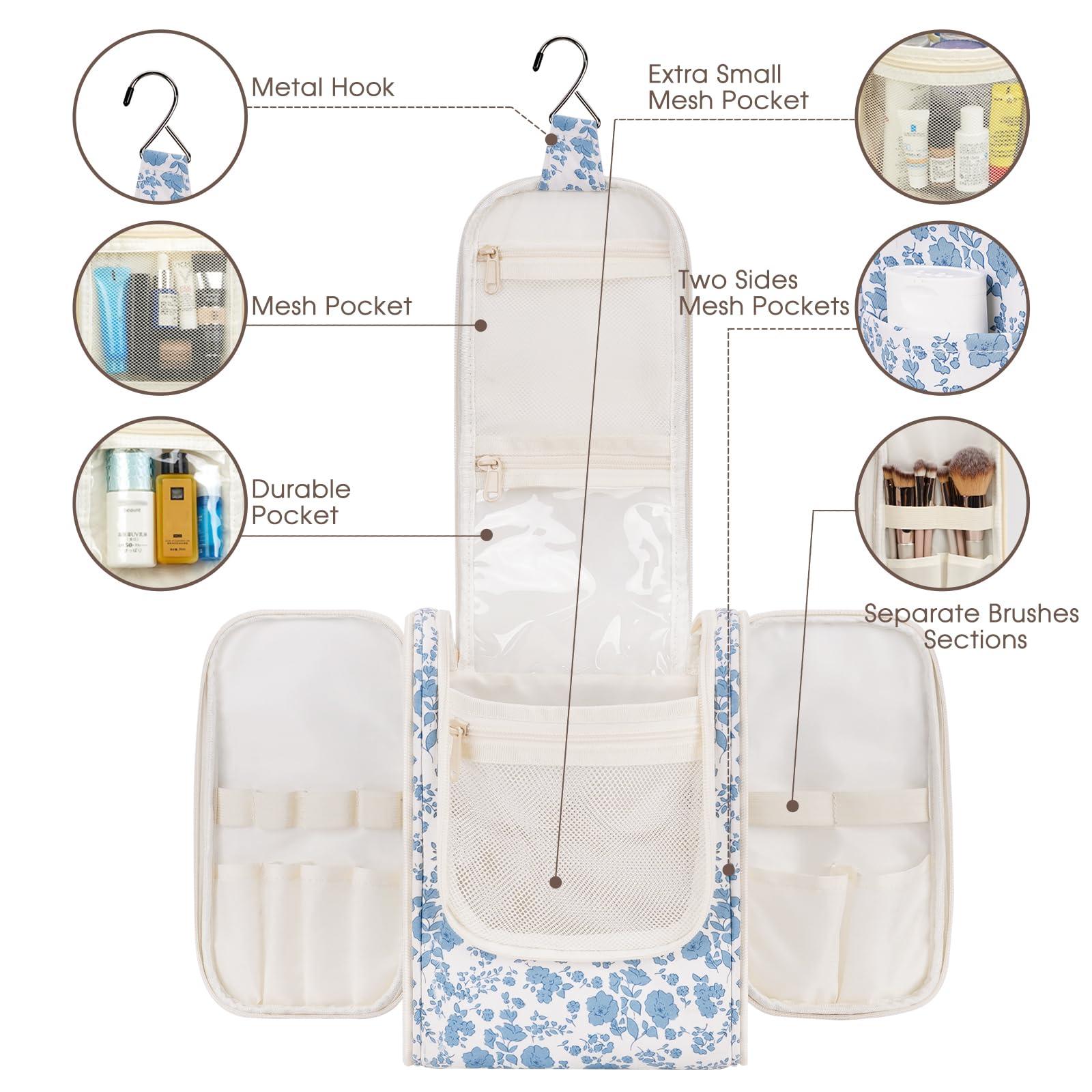 Narwey Hanging Toiletry Bag Women Travel Makeup Bag Organizer Toiletries Bag for Travel Size Essentials Accessories Cosmetics (Medium,Little Blue Flower) - Image 2