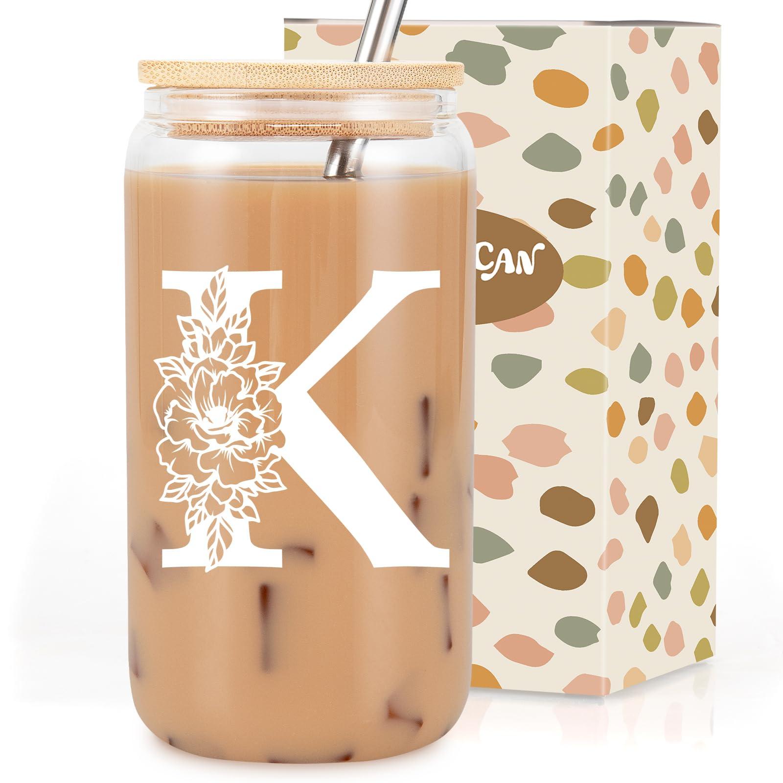 Coolife Initial Glass Cup, Monogrammed Gifts for Women, 16 oz Glass Cups w/Lids Straws, Iced Coffee Smoothie Beer Tumbler w/Straw Lid - Personalized Christmas, Birthday Gifts for Her Mom Friend