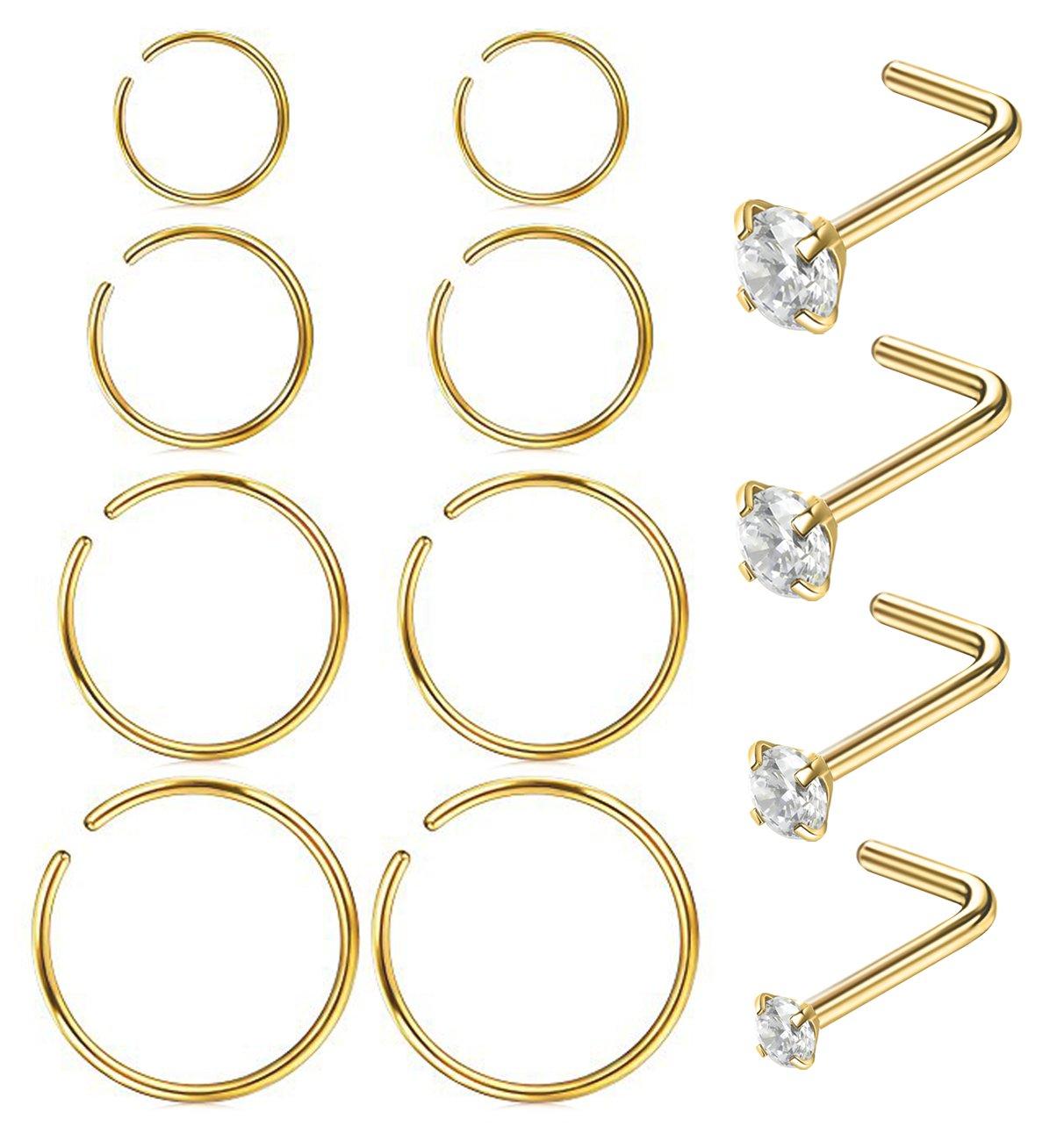 Masedy Nose Rings 12Pcs 20G 316L Stainless Steel L Shaped Nose Studs Cartilage Tragus Septum Piercing 6-12MM