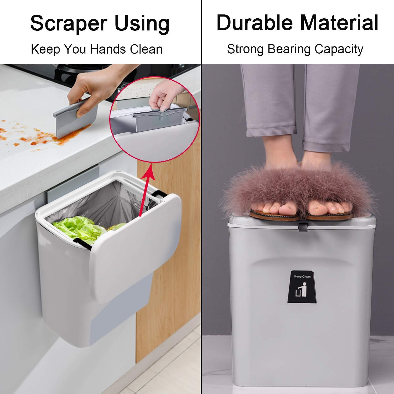 Tiyafuro 2.4 Gallon Kitchen Compost Bin for Counter Top or Under Sink, Hanging Small Trash Can with Lid for Cupboard/Bathroom/Bedroom/Office/Camping, Mountable Indoor Compost Bucket, Gray - Image 6