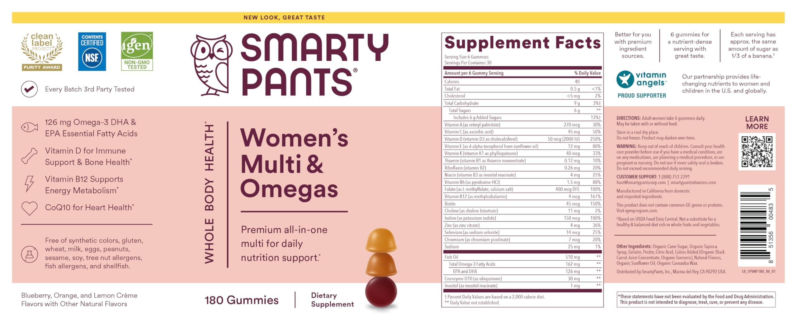 SmartyPants Women's Multivitamin Gummies: Omega 3 Fish Oil (EPA/DHA), Methylfolate, CoQ10, Vitamin D3, C, Vitamin B12, B6, A, K & Zinc, Inositol, Gluten Free, 180 Count (30 Day Supply) - Image 11