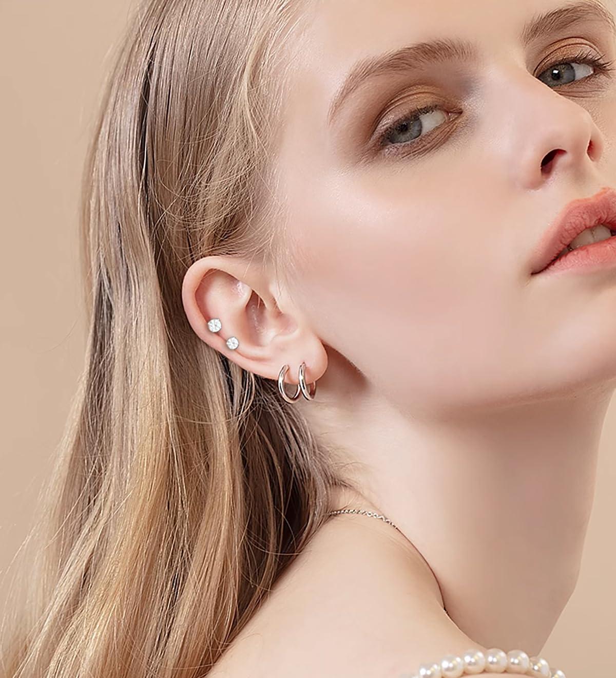 Surgical Steel Flat Back Earrings Set for Multiple Piercing Sensitive Ears,Sterling Silver Hypoallergenic Small Cartilage Huggie Hoop Earrings Titanium Tiny CZ Pearl Opal Stud Earrings for Women - Image 2