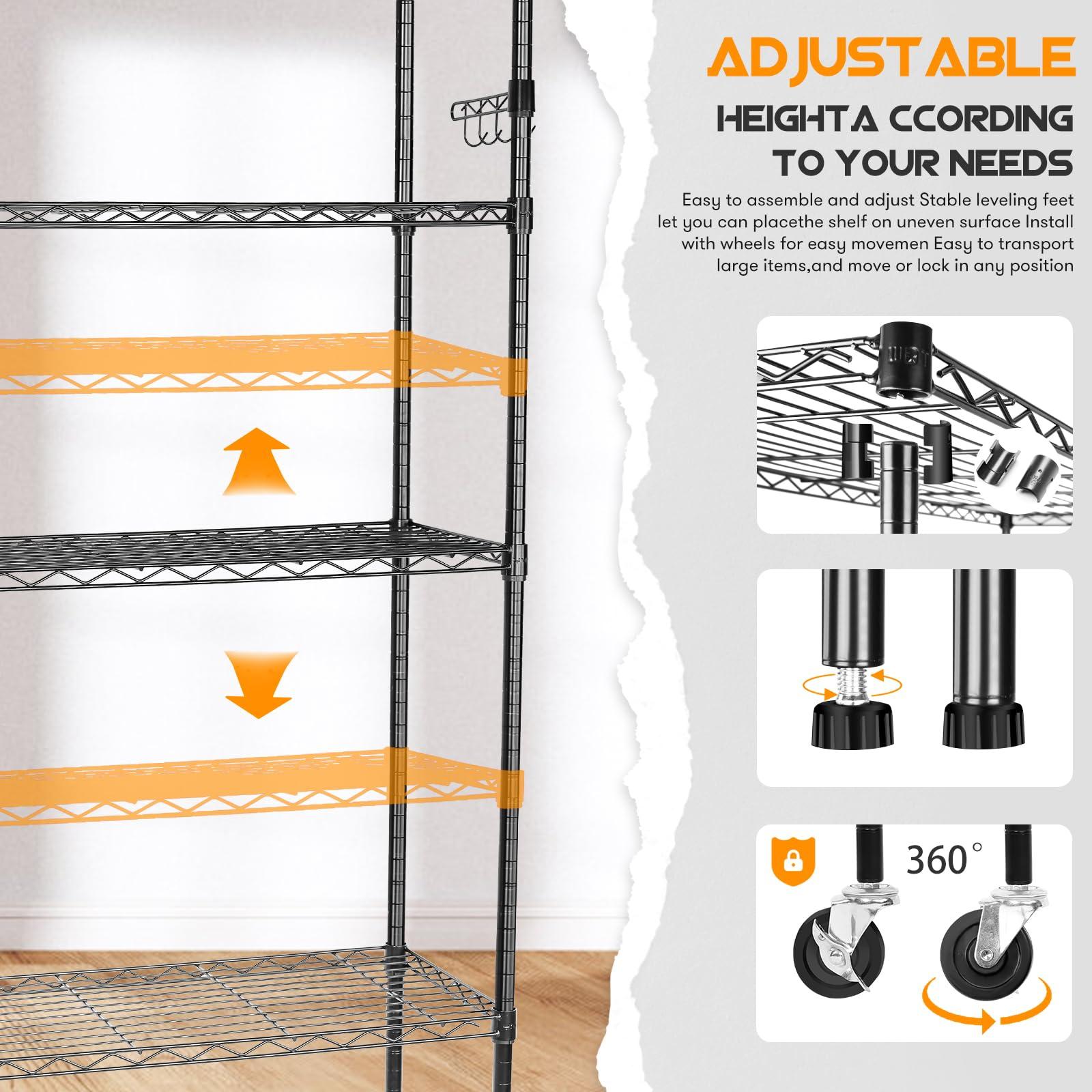 YNN Storage Shelves,1750Lbs 5 Tier Heavy Duty Metal Rolling Shelving Unit with Wheels & 8 Hooks, Adjustable Garage Wire Rack for Kitchen, Bathroom,Industrial,Pantry(36" W x 14" D x 72" H,Black) - Image 5