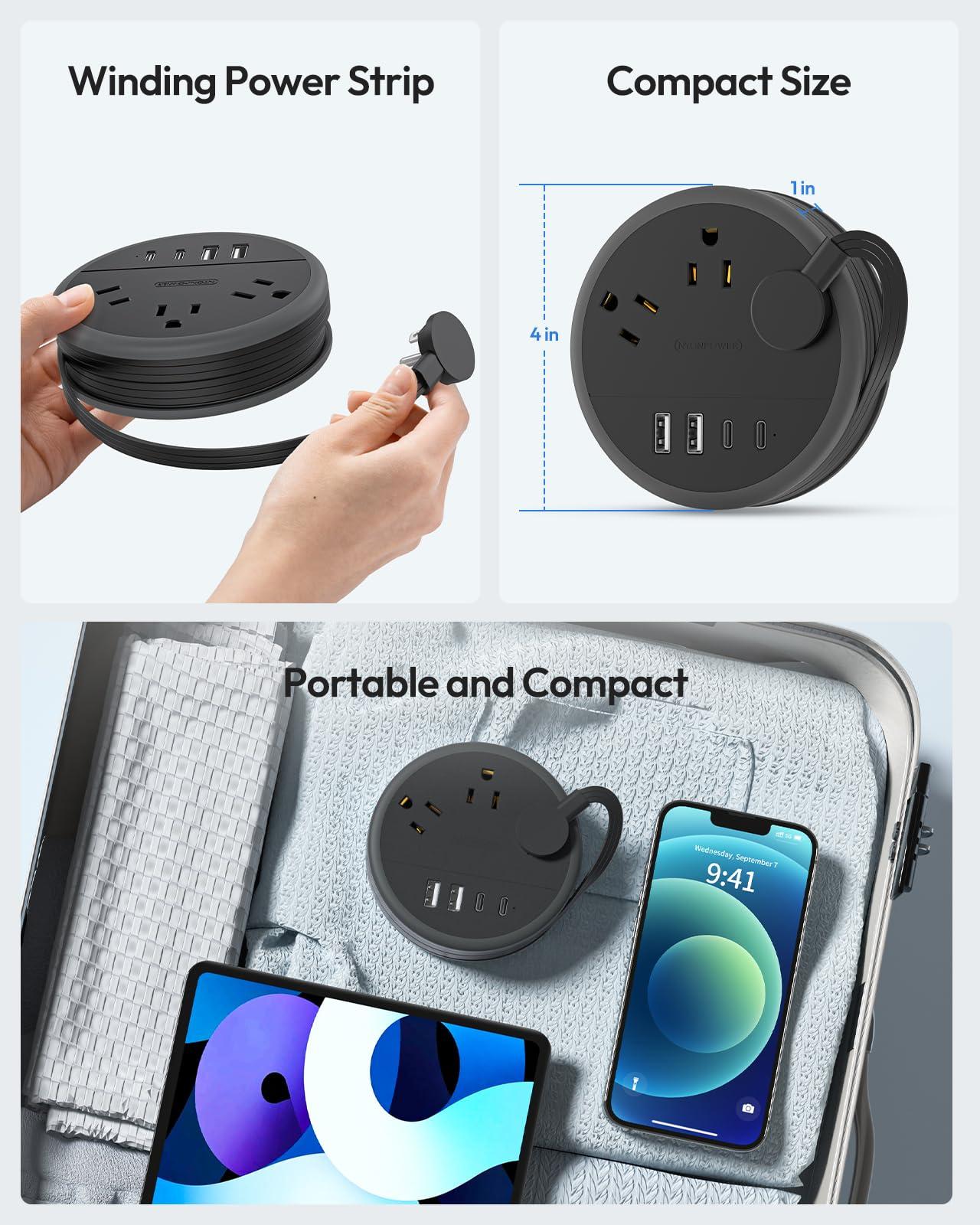 NTONPOWER Flat Plug Extension Cord, 2 USB C Travel Power Strip with 3 Outlets 4 USB Ports, 4ft Flat Extension Cord, Portable Power Strip Mountable for Travel Cruise Ship Essentials Home Black - Image 4