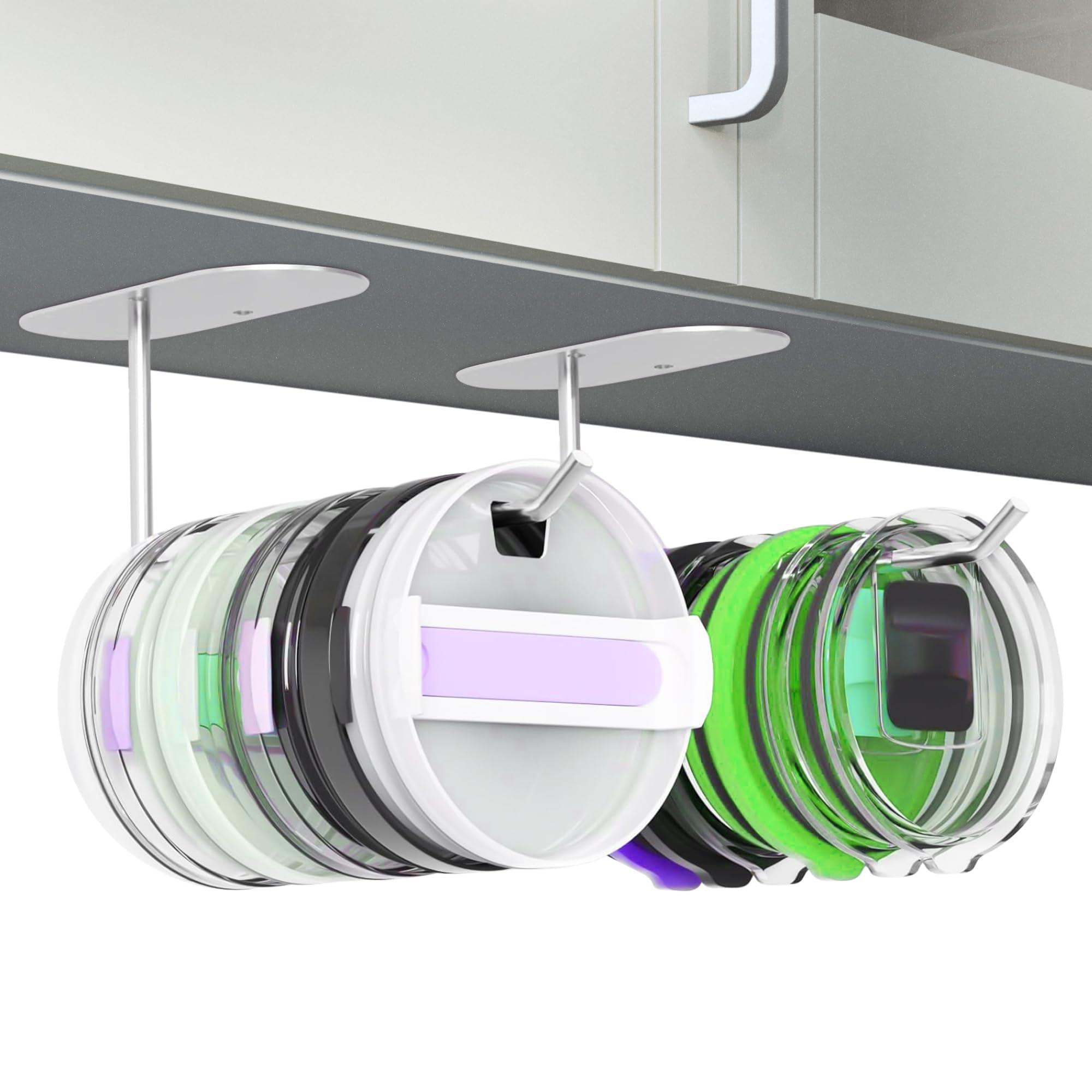 2 Pack Tumbler Lid Organizer, Space Saving Cup Lid Organizer Hook, Cup Lid Organizers Inside Cabinet, Lid Holder for Cups, Self-Adhesive or Drilling Tumbler Lid Storage Hook for Kitchen Organizers