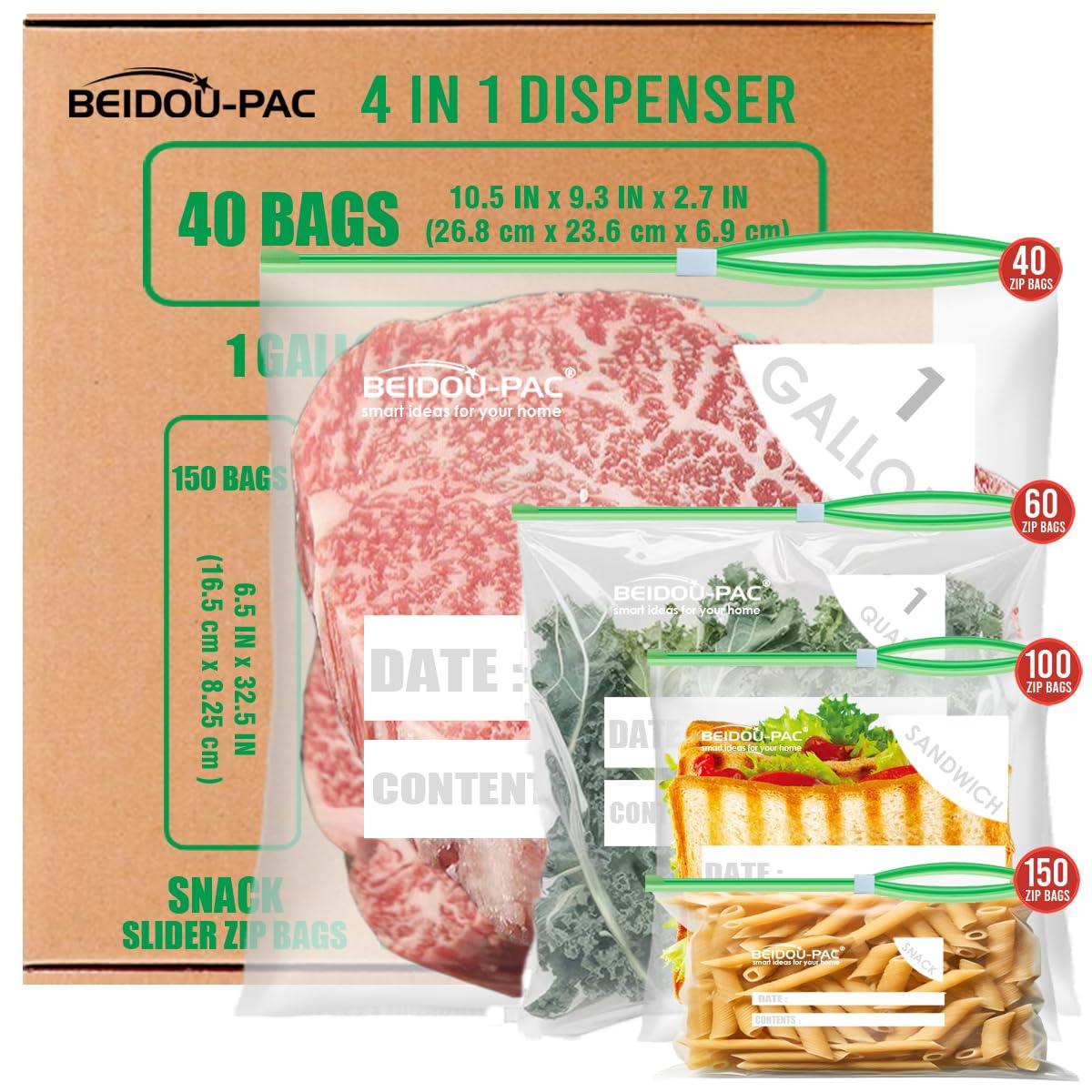 BEIDOU-PAC Combo Slider Storage Bags, 350 Count Resealable Variety Pack with Organizer, Reclosable Clear Plastic Snack, Sandwich, Quart,Gallon Size Bags (Variety Pack)