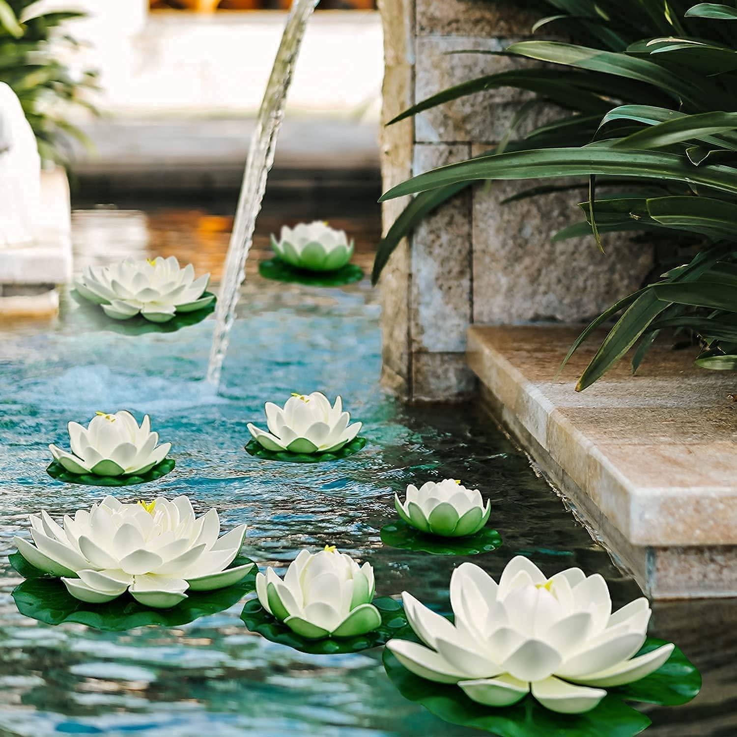WhistenFla 16Pcs Artificial Floating Pool Flowers, 7in & 4in Fake Water Lily Pads Flowers, Lotus Flower Floating Pool Decorations - Image 4