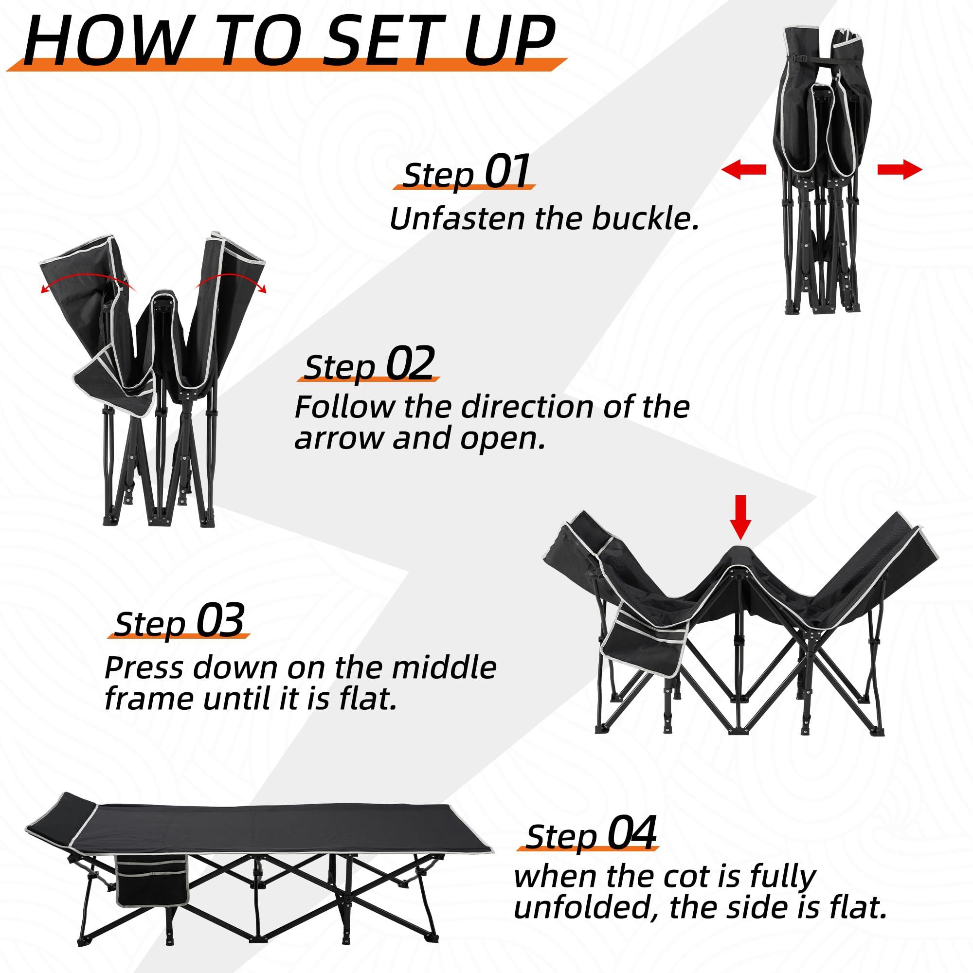 Fragess Portable Camping Cot, 32" Extra Wide Camping Cots for Adults with Thick Mattress, Heavy Duty Sleeping Cot Holds Up to 600LBS, Cots for Sleeping, Rv, Beach, Patio, Office Naps(Black) - Image 6