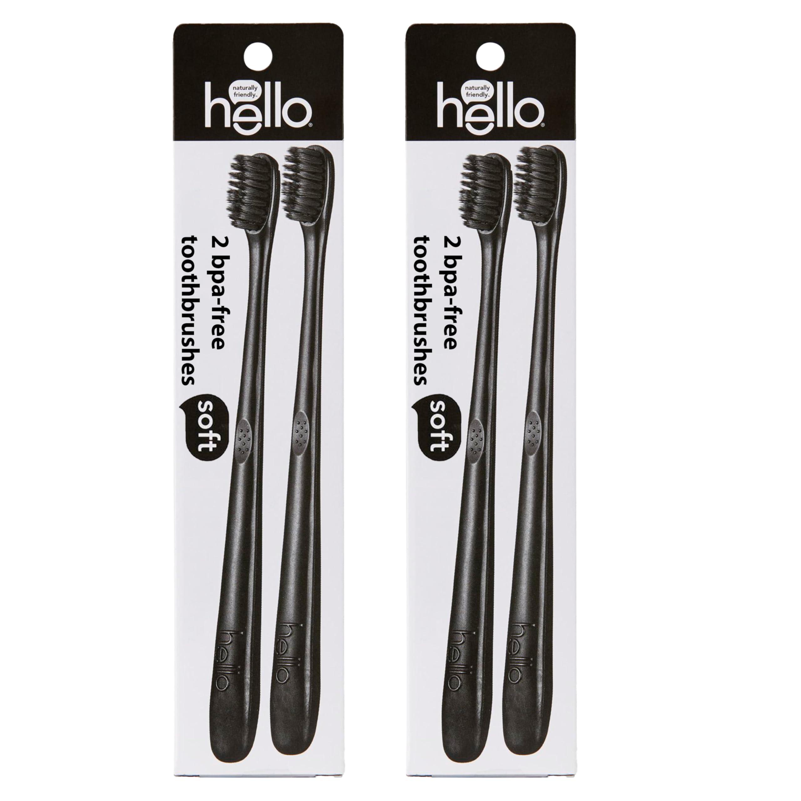 hello Charcoal Soft Toothbrush with Activated Charcoal from Sustainable Bamboo, BPA- Free, Made from Plant-Based Materials, 4 Pack