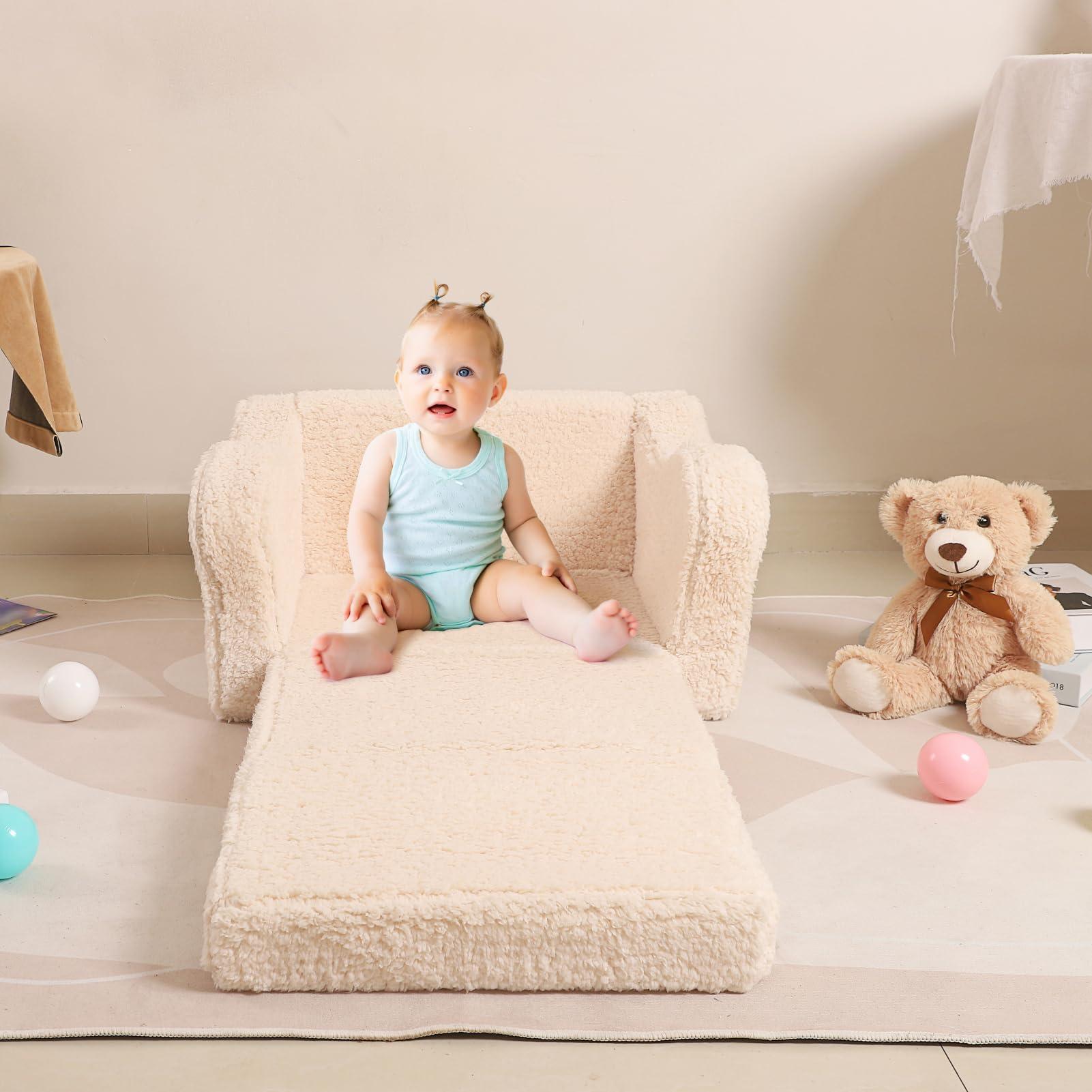 MOMCAYWEX Kids Chairs for Toddler, 2-in-1 Toddler Soft Sherpa Couch Fold Out, Convertible Sofa to Lounger for Girls and Boys, Cream - Image 8