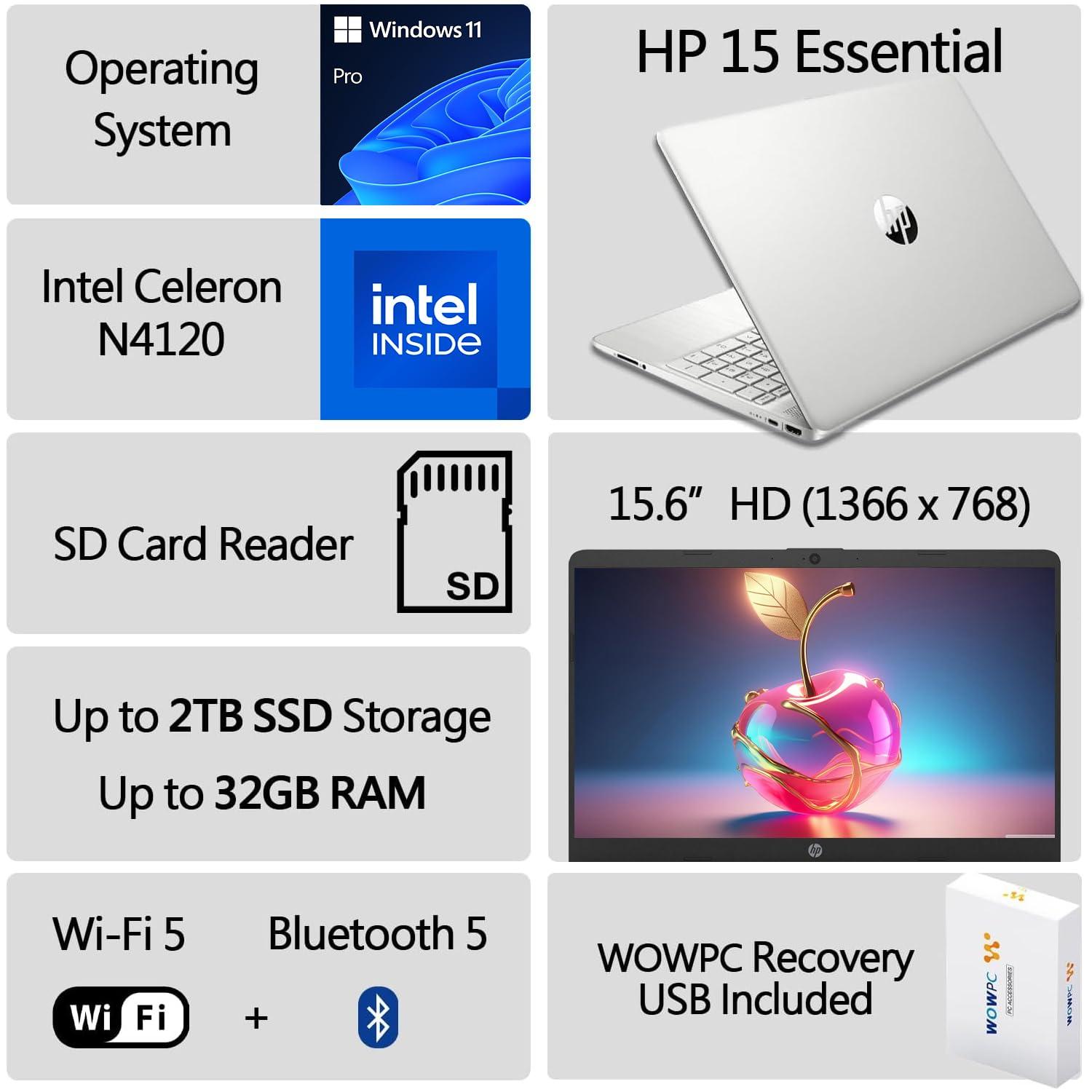 HP Latest 15" Laptop, Intel Celeron N4120 Quad-core Processor, 32GB RAM, 1TB SSD, 15.6" HD Micro Edge LED Display, Fast Charge, SD Card Reader, Windows 11 Pro, WOWPC Recovery USB - Image 2
