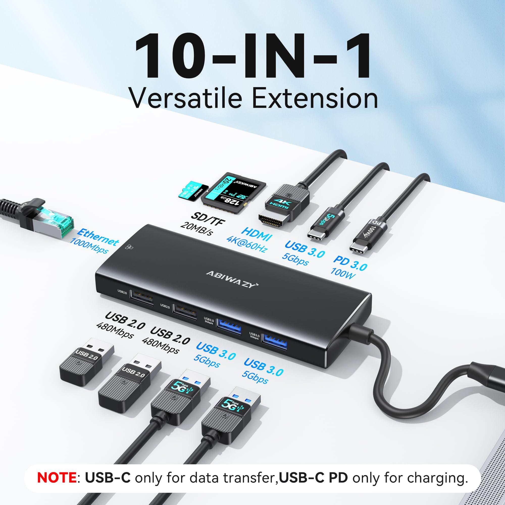USB C Hub Multiport Adapter,10 in 1 USB C to USB HDMI Ethernet Hub USB C Dongle for MacBook Pro/Air, iPad Pro,Dell with 4K@60Hz HDMI+Ethernet+4USB+1USB-C Data Port+SD/TF Card Reader+100W PD (Black) - Image 2