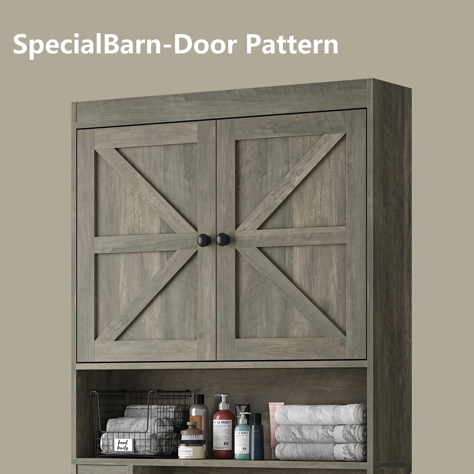 Furnideco 32.3''W Over The Toilet Storage Cabinet with Barn Doors, Over Toilet Shelf Farmhouse Storage Cabinet Space Saver with Toilet Paper Holder & Adjustable Bottom Bar, Gray - Image 7