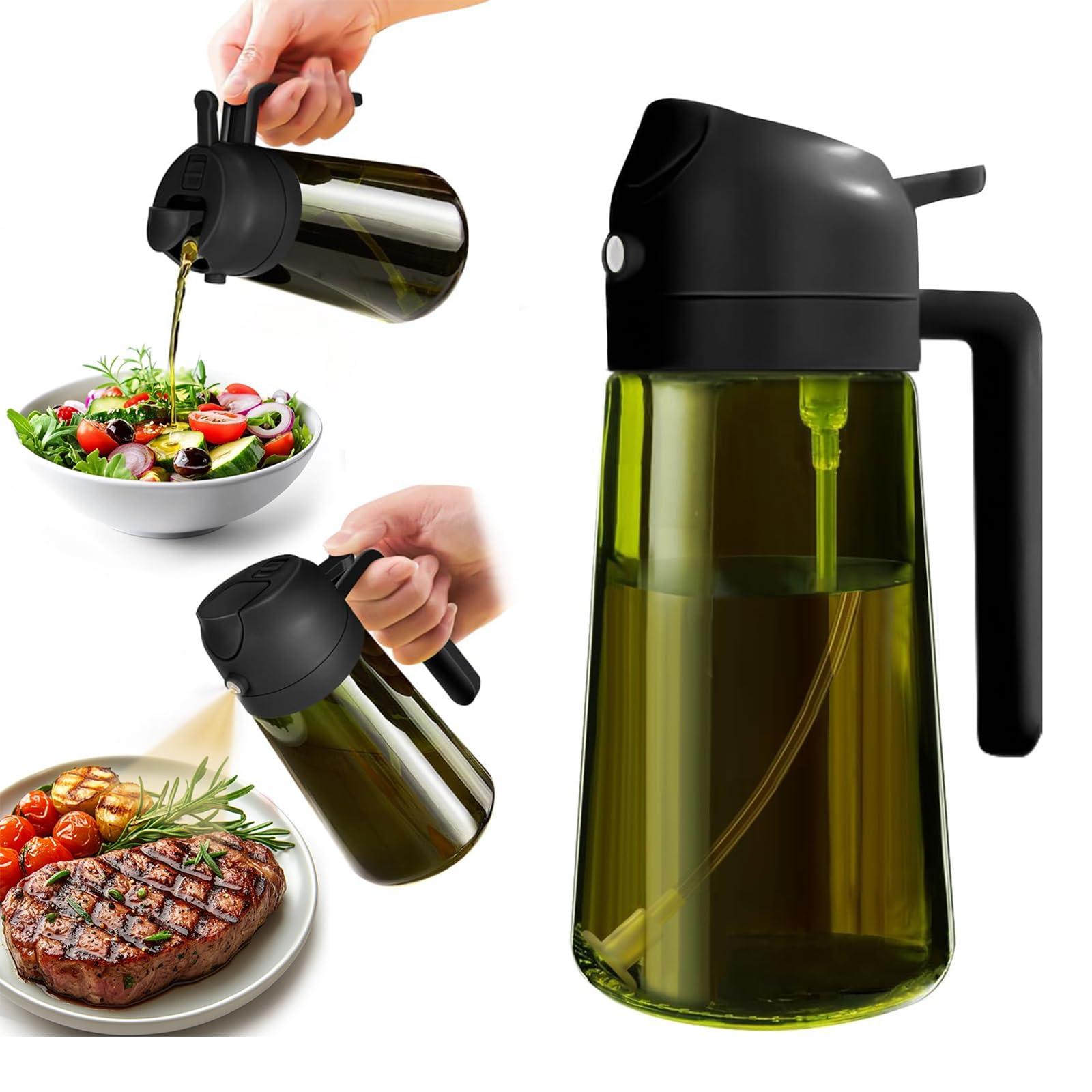 Hnndlra 2 In 1 Oil Dispenser Bottle Spray and Pour, 16oz/470ml Olive Oil Dispenser Bottle Spray, Precise Control Kitchen Gadgets, For Cooking, Air Fryer, Salad, Frying, BBQ (Black)