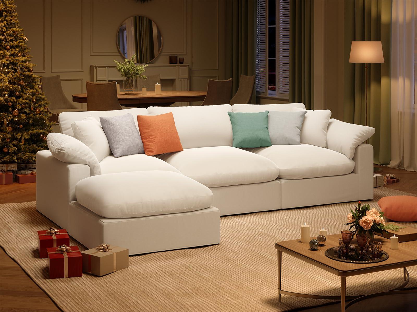 Intuition Decor Oversize Cloud Modular Sectional Sofa,110.8" L Shape 3 Seaters with Chaise Down Filled Comfort Sofa Detachable Couch Cushion Covers for Living Room,White - Image 3