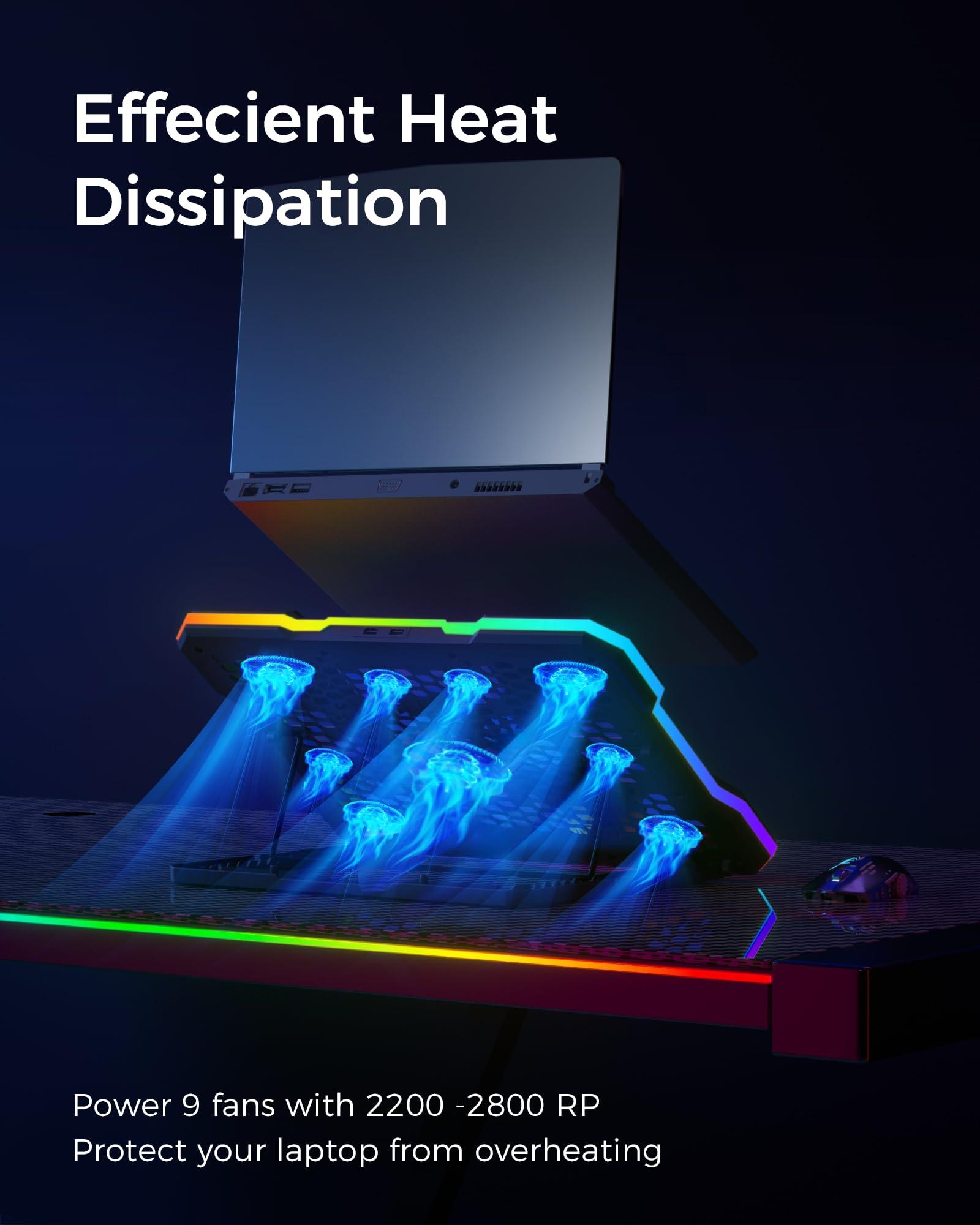 ChillCore Laptop Cooling Pad, RGB Lights Laptop Cooler 9 Fans for 15.6-19.3 Inch Laptops, Gaming Laptop Fan Cooling Pad with 8 Height Stands, 2 USB Ports - A21 Blue - Image 2