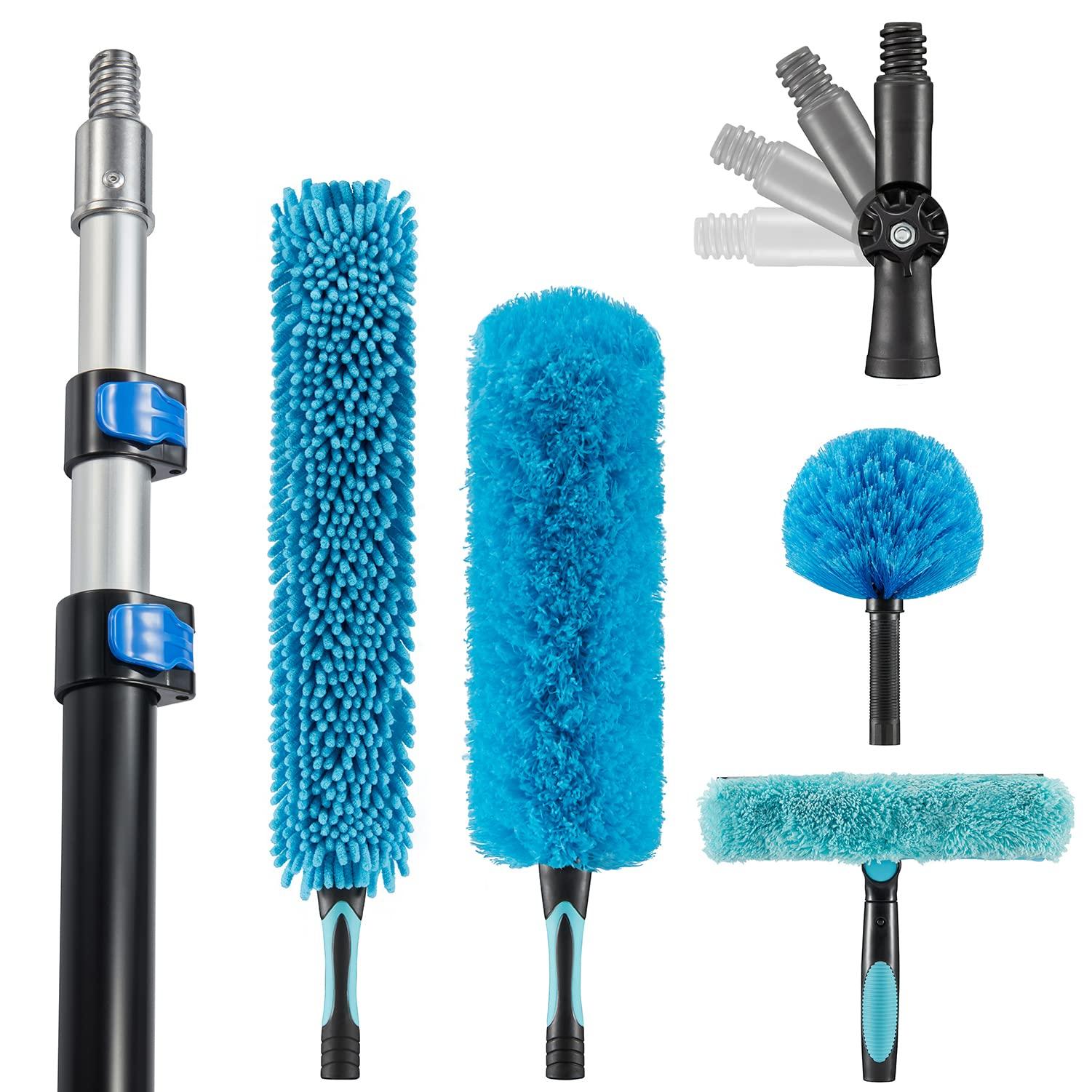Hicavar 20 Foot High Ceiling Fan Duster with 5-12 Foot Extension Pole, Extendable Reusable Cobweb, Feather, Window Cleaning Squeegee Kit Blue