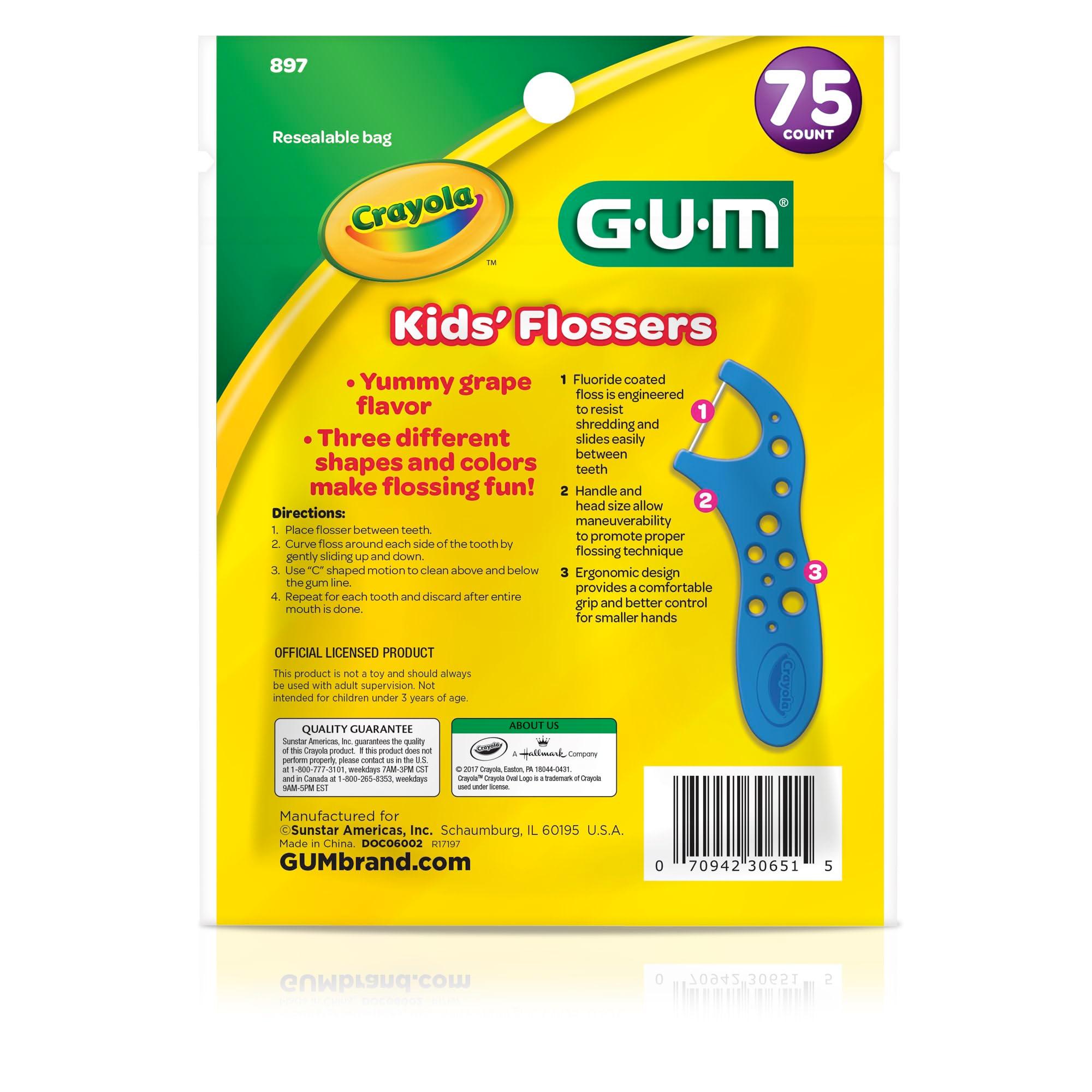 GUM Crayola Kids Flossers with Fluoride - Designed for Little Hands - Fun Grape Flavor - Easy to Use Kids Floss Picks for Children Ages 3+, 75 Count (Pack of 6) - Image 8