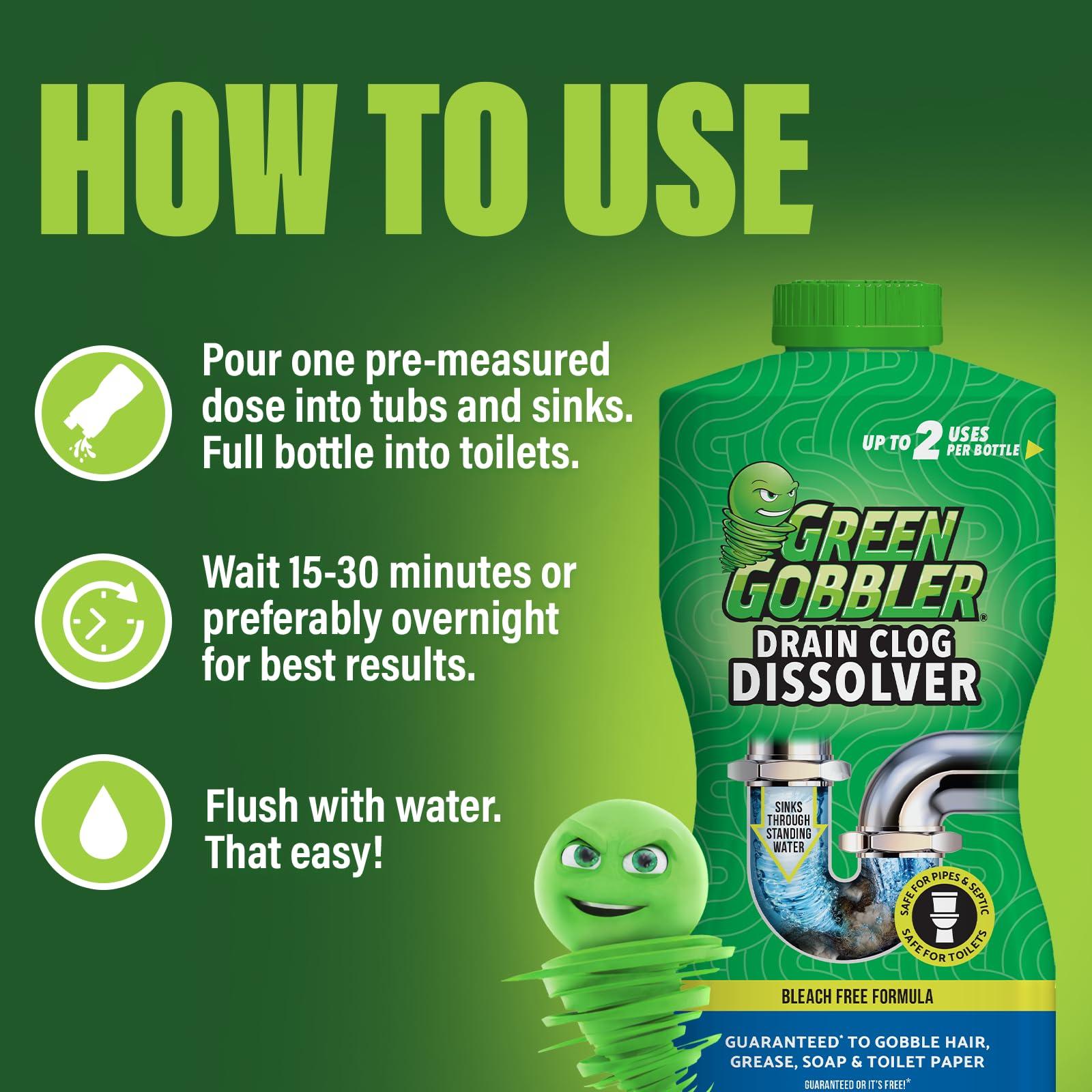 Green Gobbler Liquid Hair Drain Clog Remover & Cleaner, For Toilets, Sinks, Tubs - Septic Safe, 2 Pack - Image 7