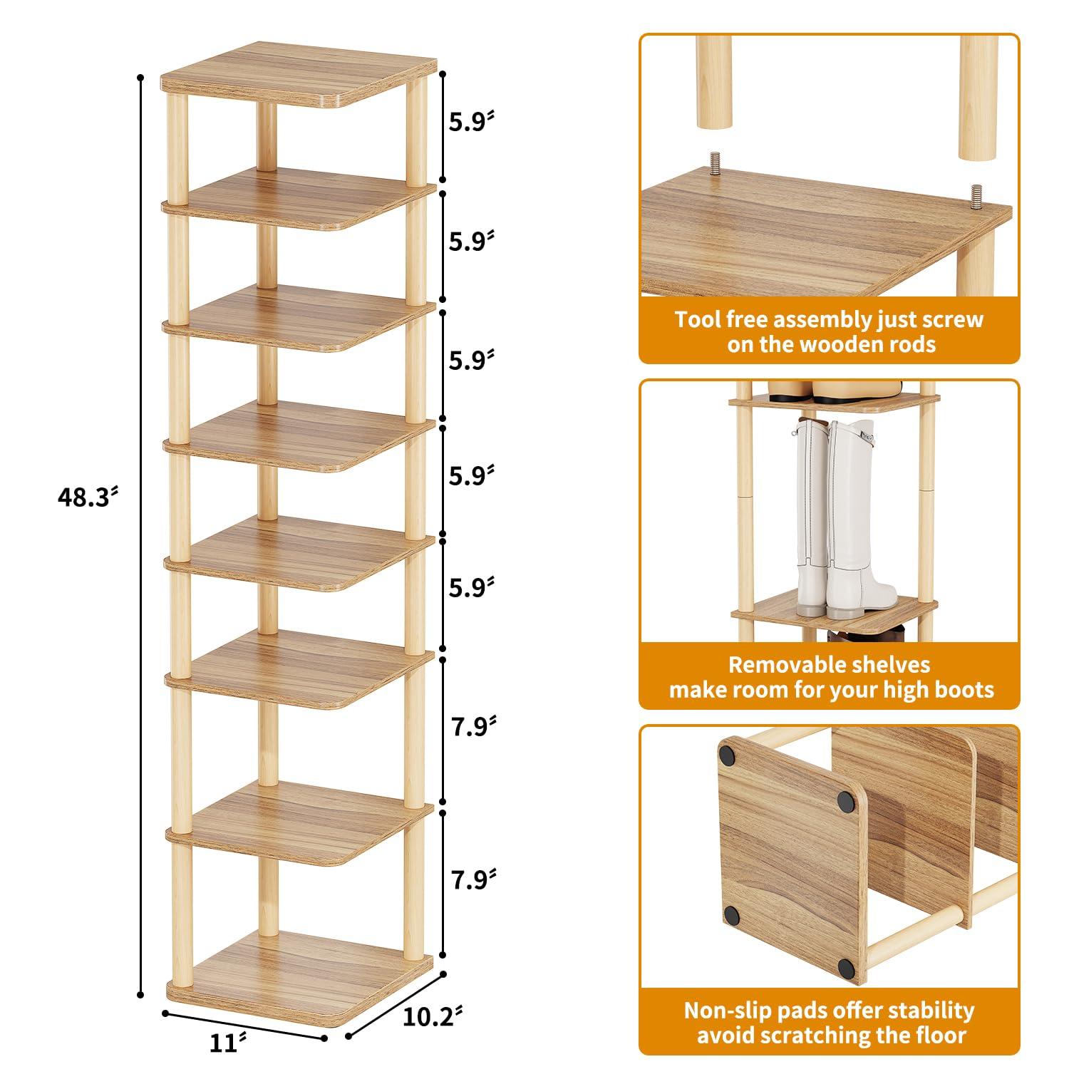 LUCKNOCK Vertical Shoe Rack, 8-Tier Tall Narrow Shoe Organizer for Entryway, Closet, Dorm & Small Spaces, Freestanding Wooden Shoe Shelf Tower for Boots, Sneakers, Heels. (Walnut) - Image 2