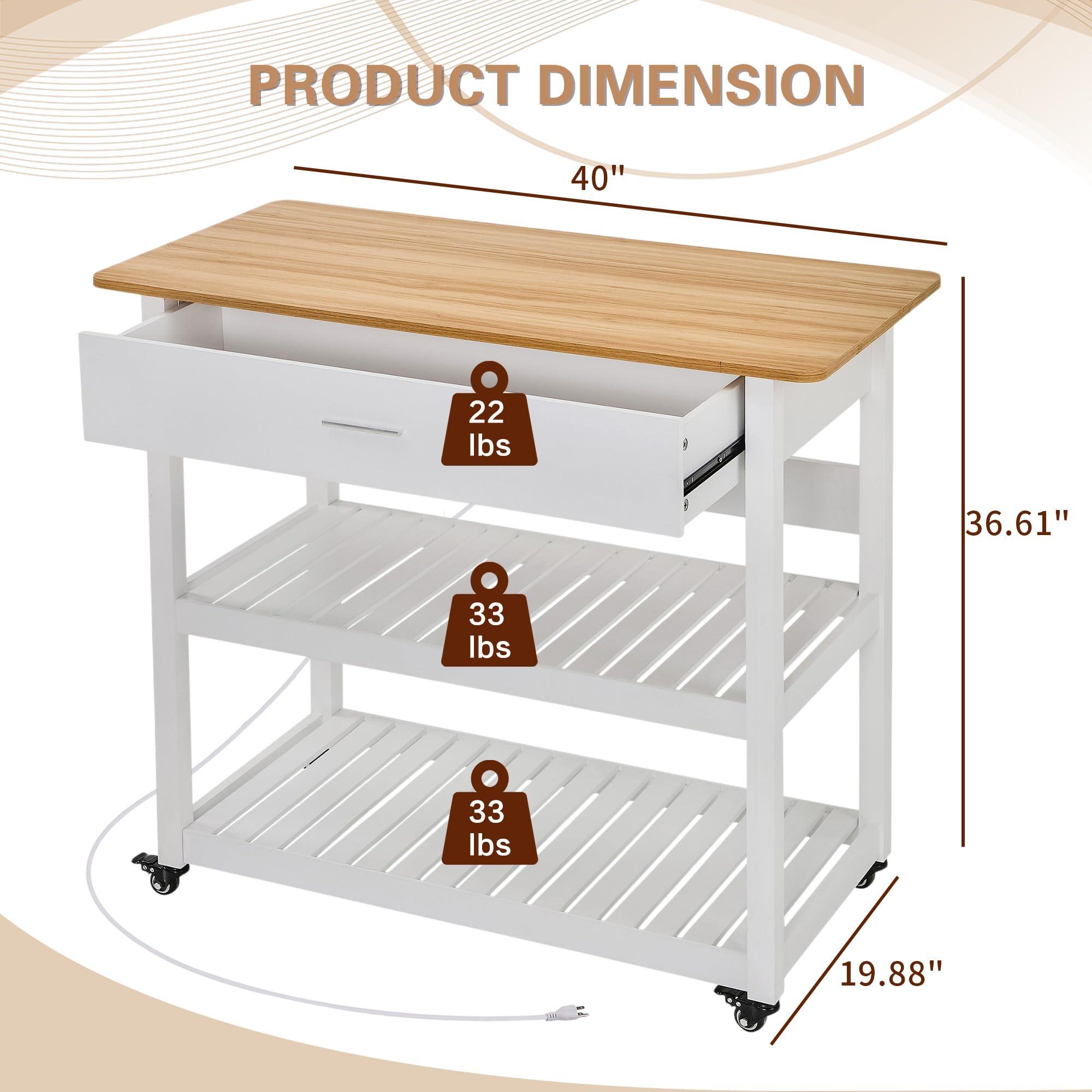 VECELO 40" Width Kitchen Island Cart on Wheels, 3 Tiers Kitchen Cart with Power Strip & Drawer, 2 Spacious Storage Shelf, Easy to Clean, White - Image 3