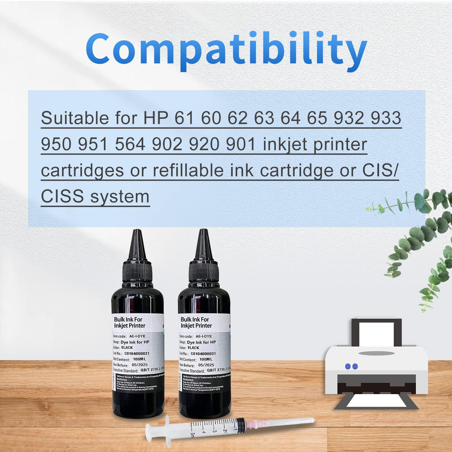 AYMSous Ink Refill Kit Refill Ink for HP 60 61 63 64 65 901 902 932 952 950 951 564 Refillable Ink Cartridge for HP Envy 4500 4520 5643 OfficeJet 6500a 6500 6000(2x100ML 2 Black) - Image 6