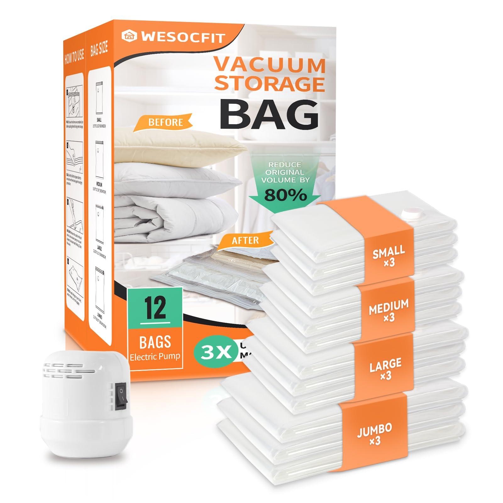 12 Pack Vacuum Seal Bags for Clothing, Vacuum Storage Bag with Electric Pump, Vacuum Bags for Travel, Luggage Compression Packing, Space Saver Bags (3 Small, 3 Medium, 3 Large, 3 Jumbo)