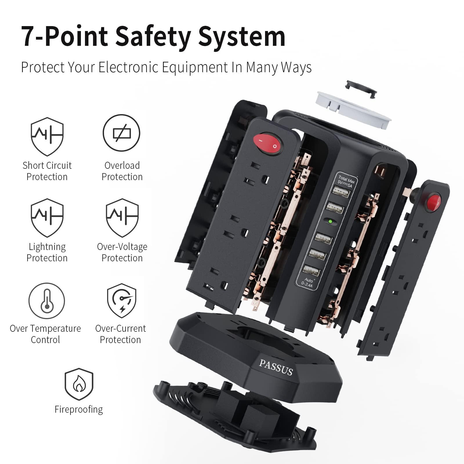 Surge Protector Power Strip Tower with 5 USB Ports and Night Light,10FT Extension Cord with 12 AC Multiple Outlets, PASSUS Power Tower Overload Protection for Home Office Dorm Room Essentials(Black) - Image 4