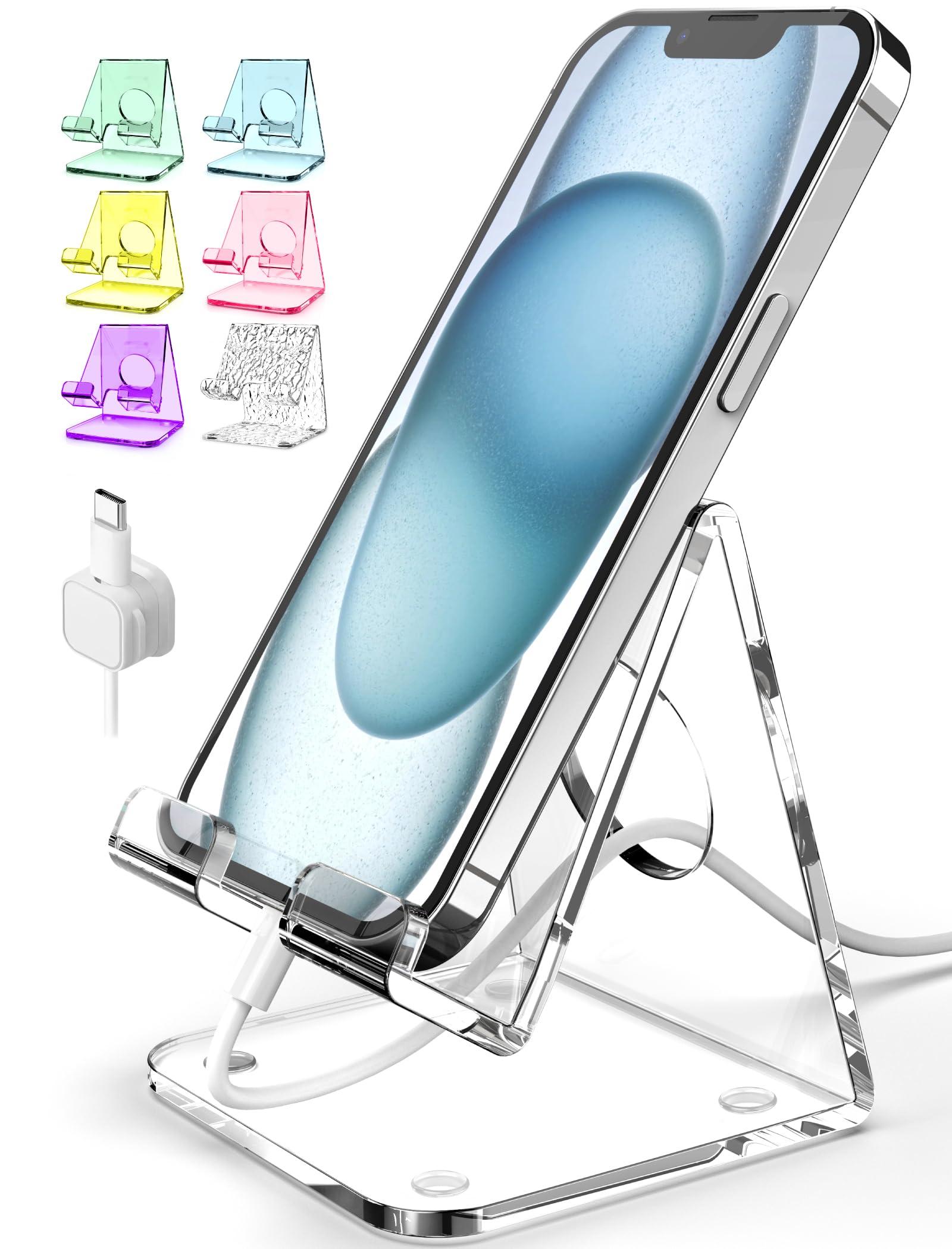 TOPGO Acrylic Cell Phone Stand, Clear Phone Holder for Office Desk, Vanity, Kitchen, Bedside Table, Compatible with iPhone/Smartphones/iPad/Switch/Kindle, Office Desk Accessories