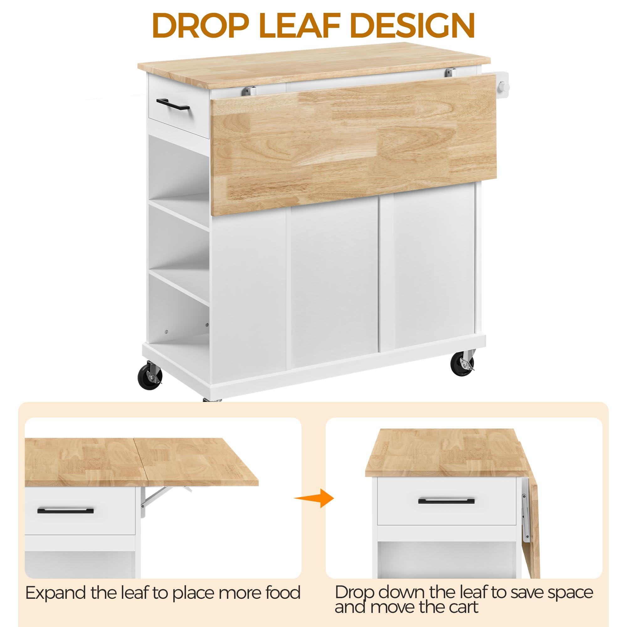 Yaheetech Rolling Kitchen Island Cart with Drop Leaf, Portable Rubberwood Breakfast Bar with Storage Cabinet, Open Shelves & Detachable Towel, 2 Drawers, White - Image 3