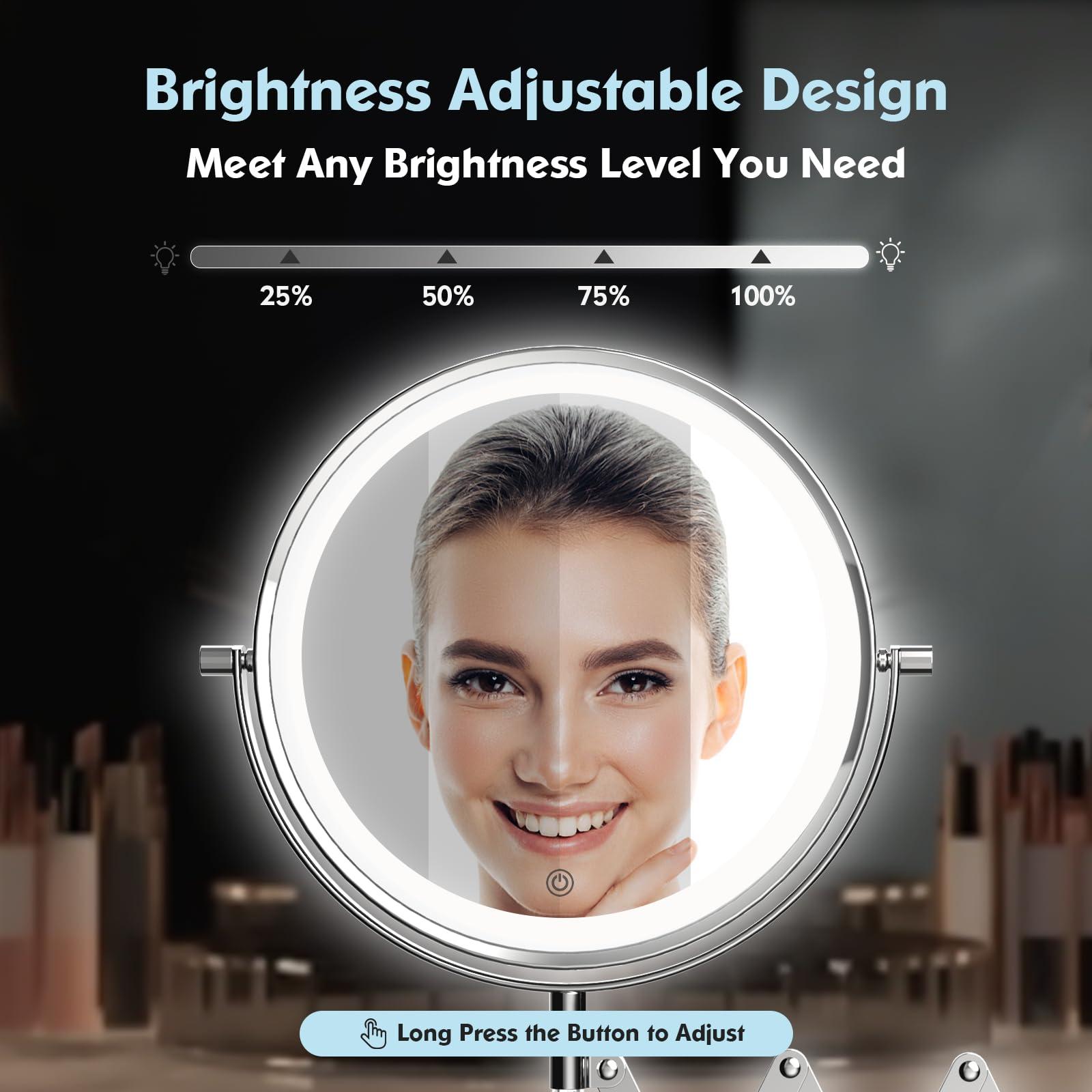 Rechargeable Wall Mounted Makeup Mirror - 8 Inch Double Sided 1X/10X Magnifying Mirror with 3 Color Lights Dimmable Touch Screen, 360°Swivel 19.6 Inch Extendable Accordion Bathroom Mirror - Chrome - Image 9